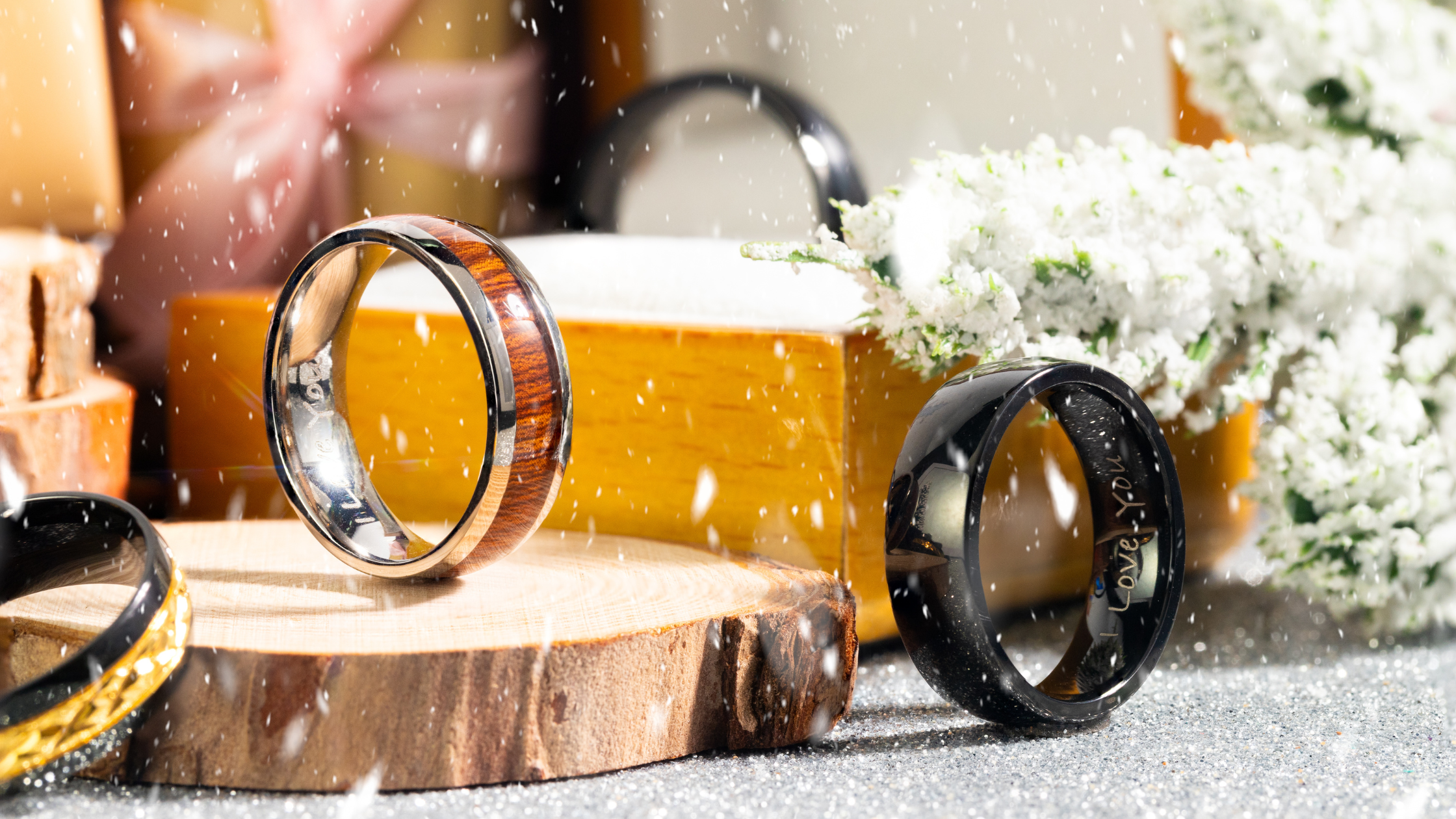 collection of mens 'I love You' etched rings'