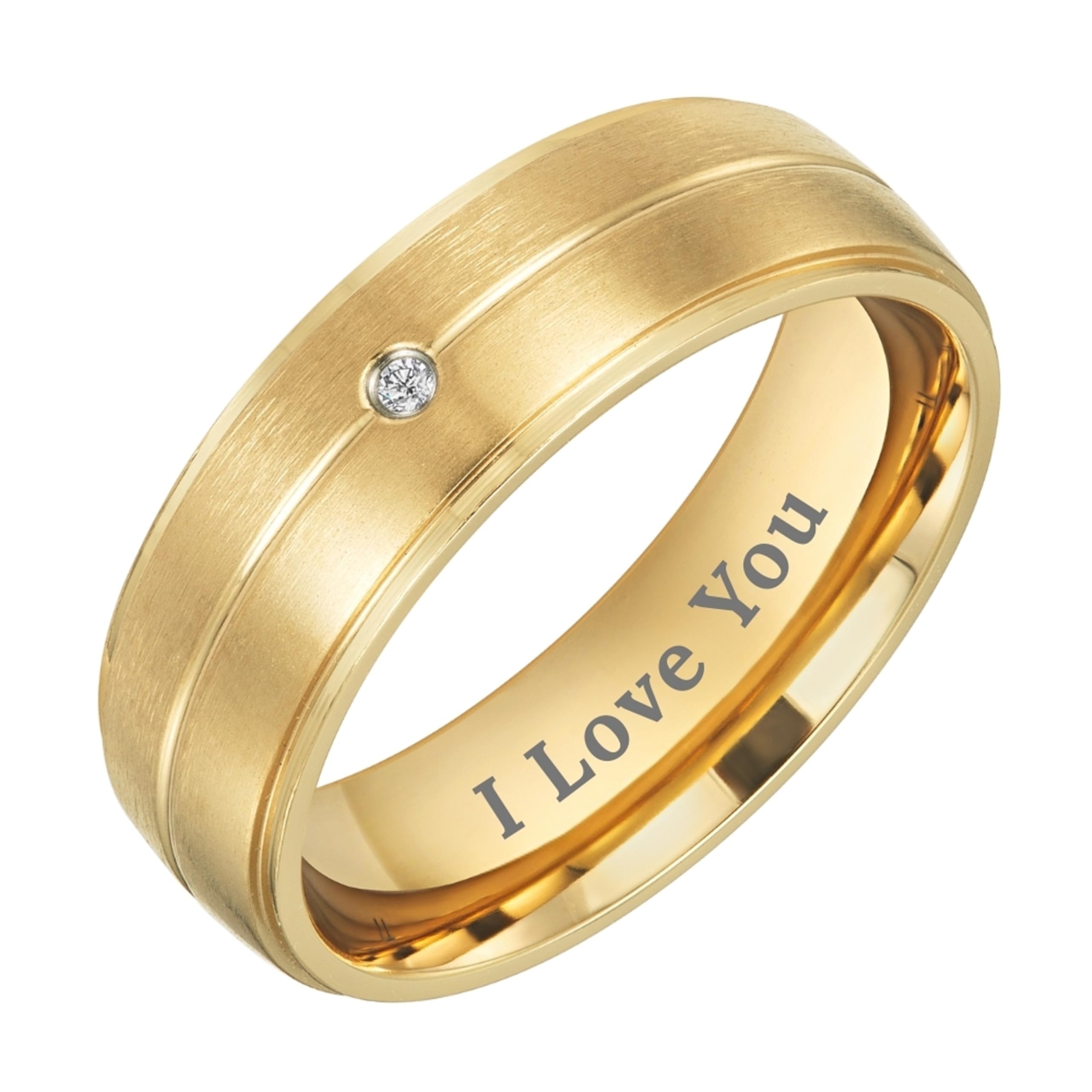 Willis Judd Titanium Mens Gold Ring CZ Engraved I Love You in Wooden Gift Box 7mm