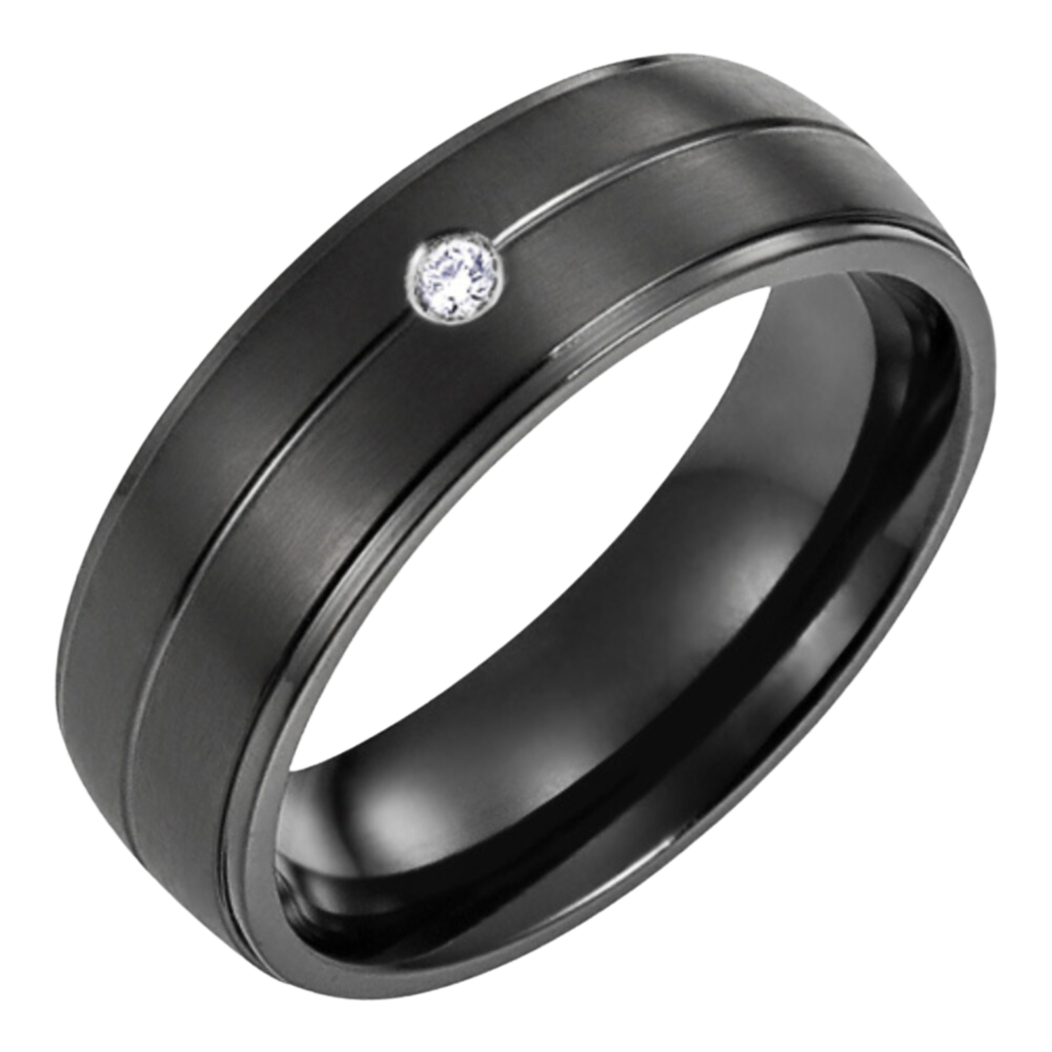 Mens 7mm Black Titanium Band Ring with CZ Stone