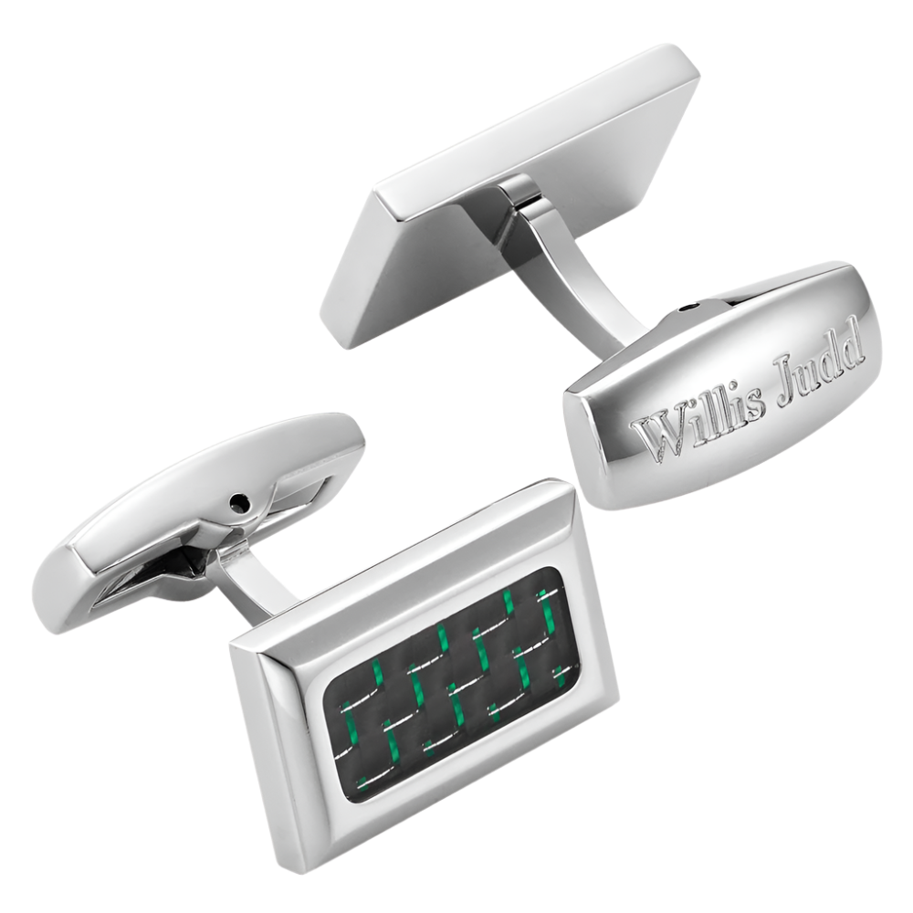 Willis Judd Men's Stainless Steel with Green Carbon fibre Cufflinks with Gift Pouch