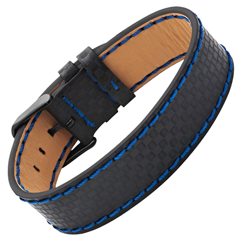 Mens Leather Bracelet Black Carbon Fiber with Blue Stitching Gift Pouch Included By Willis Judd