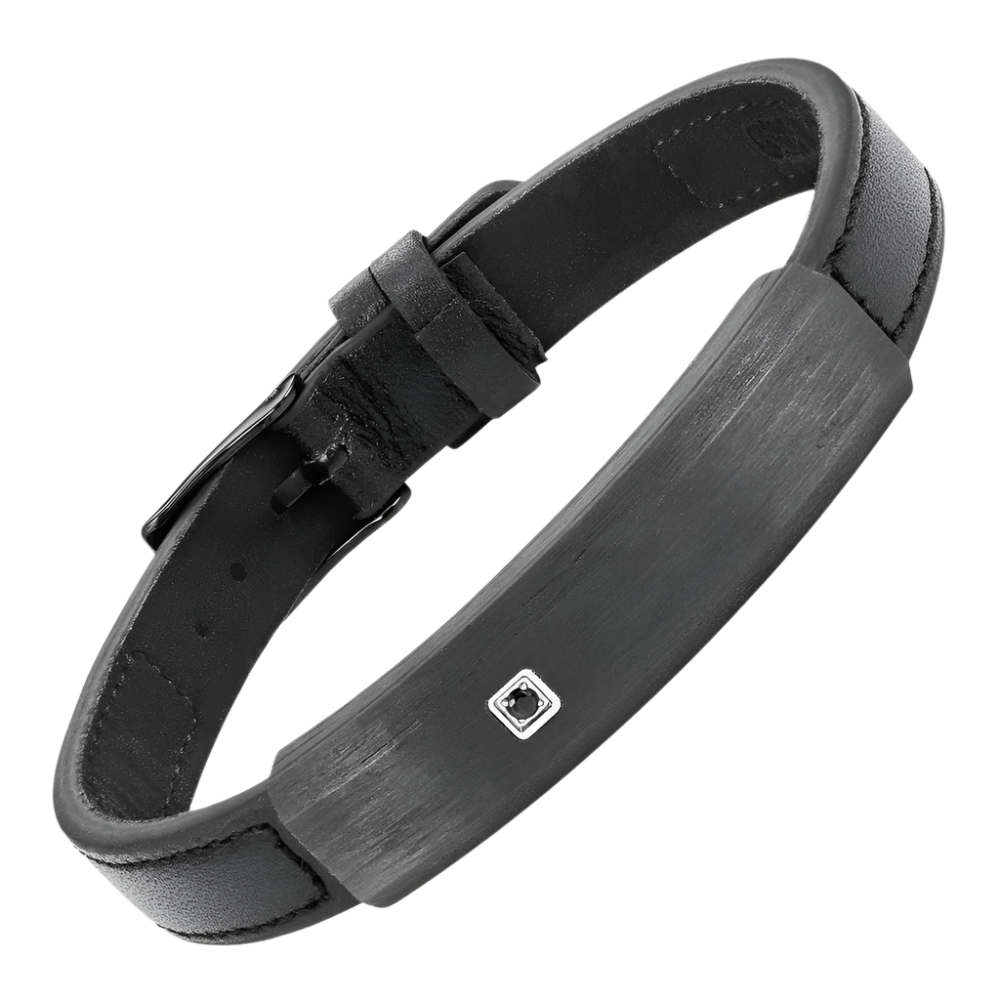 Mens Solid Carbon Fiber Leather Bracelet Black CZ