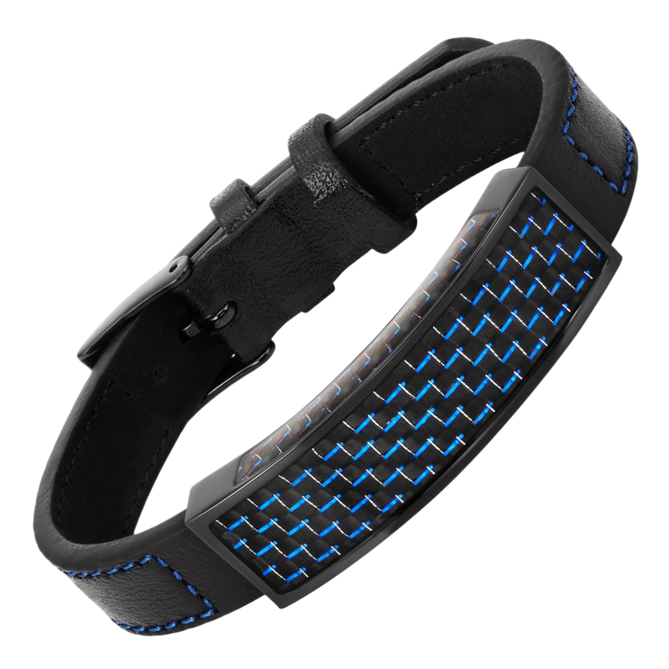 Mens Blue Carbon Fiber Leather Bracelet Etched I Love You