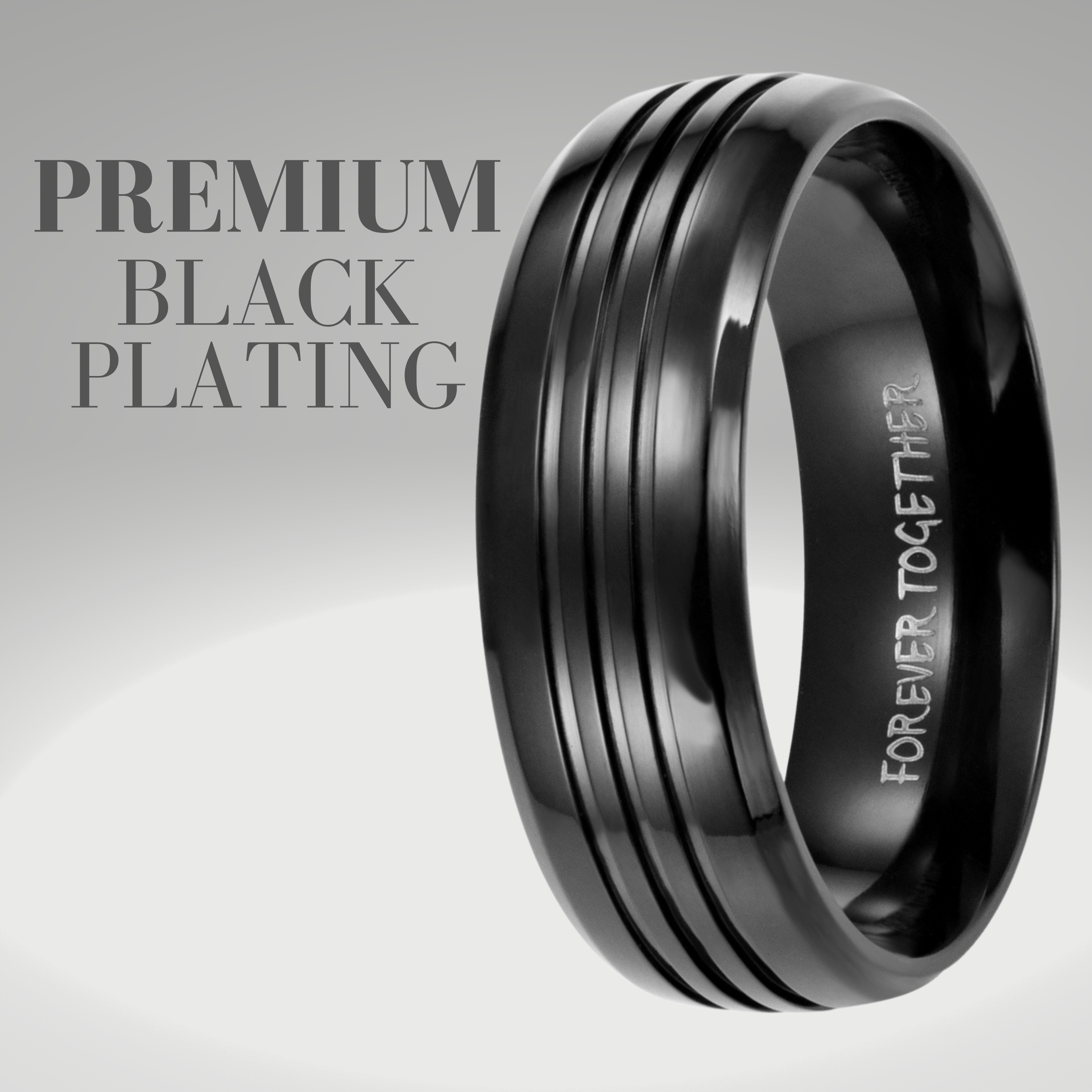 Mens 8mm Black Titanium Band Ring Etched Forever Together