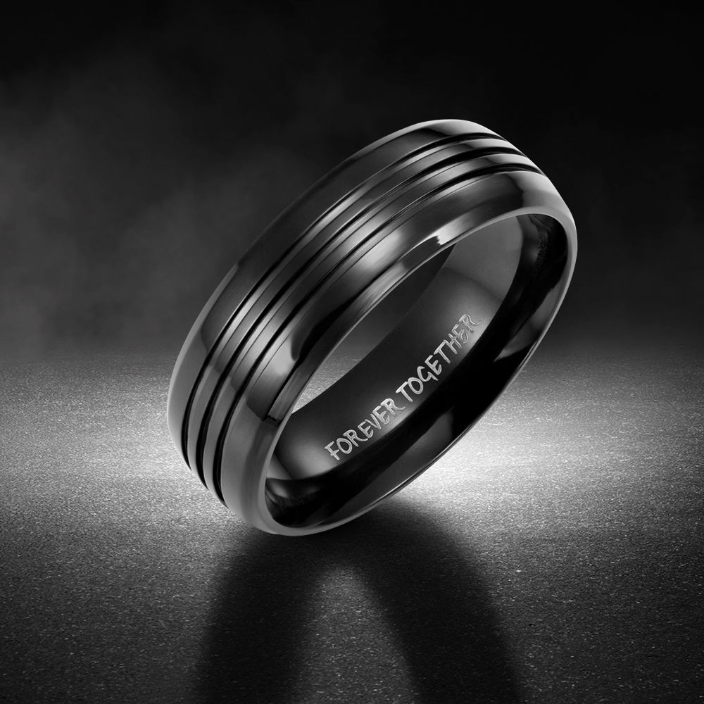 Mens 8mm Black Titanium Band Ring Etched Forever Together