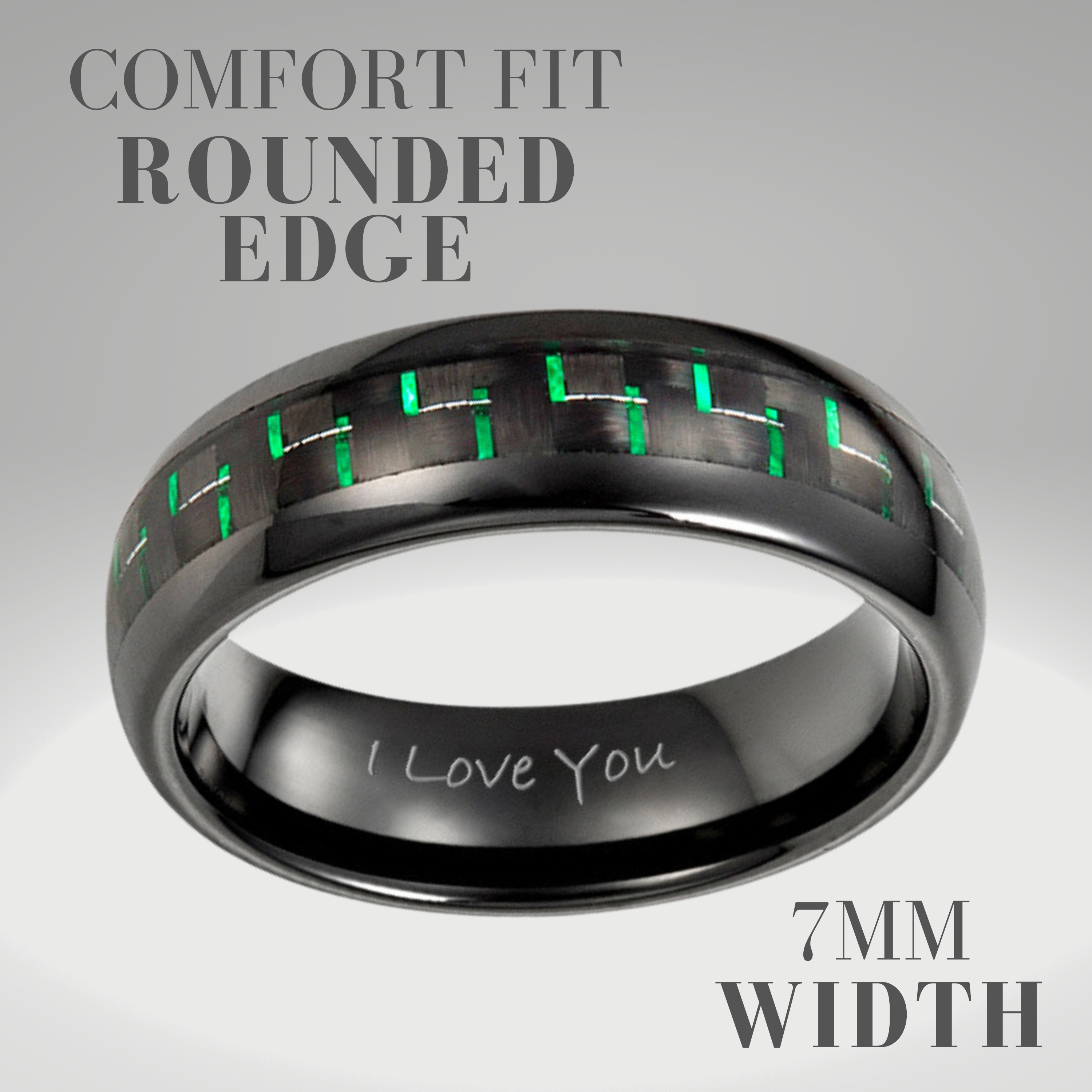 Mens Black Tungsten Ring with Green Carbon Fiber Etched I Love You