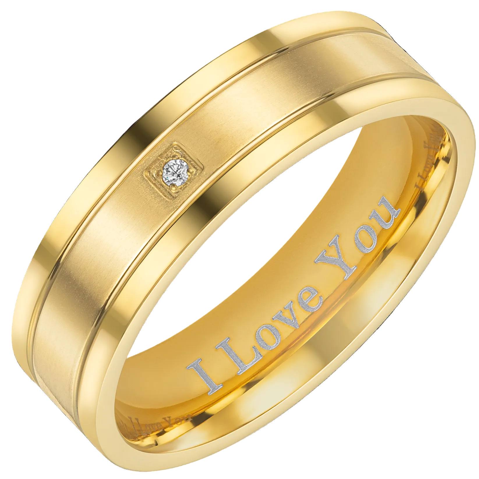 Mens Gold Titanium CZ Ring I Love You 7mm