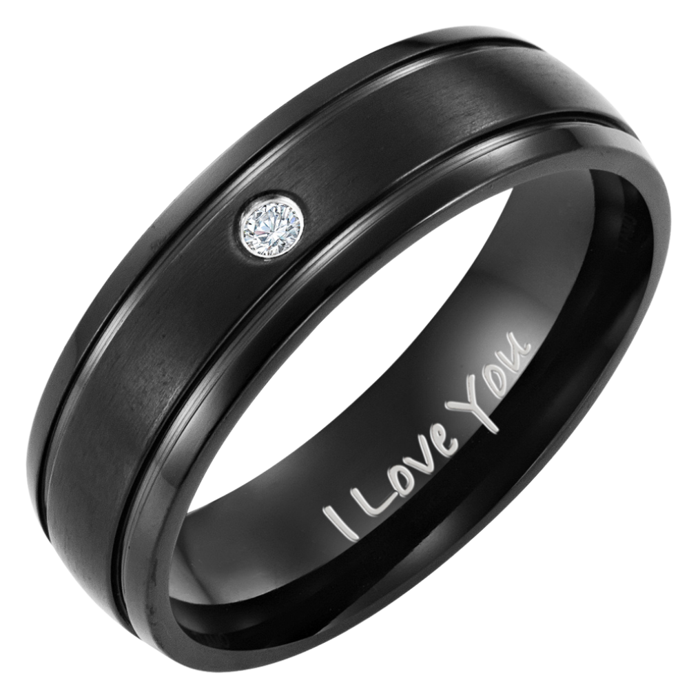 Mens Black Titanium Ring Engraved I Love You 7mm