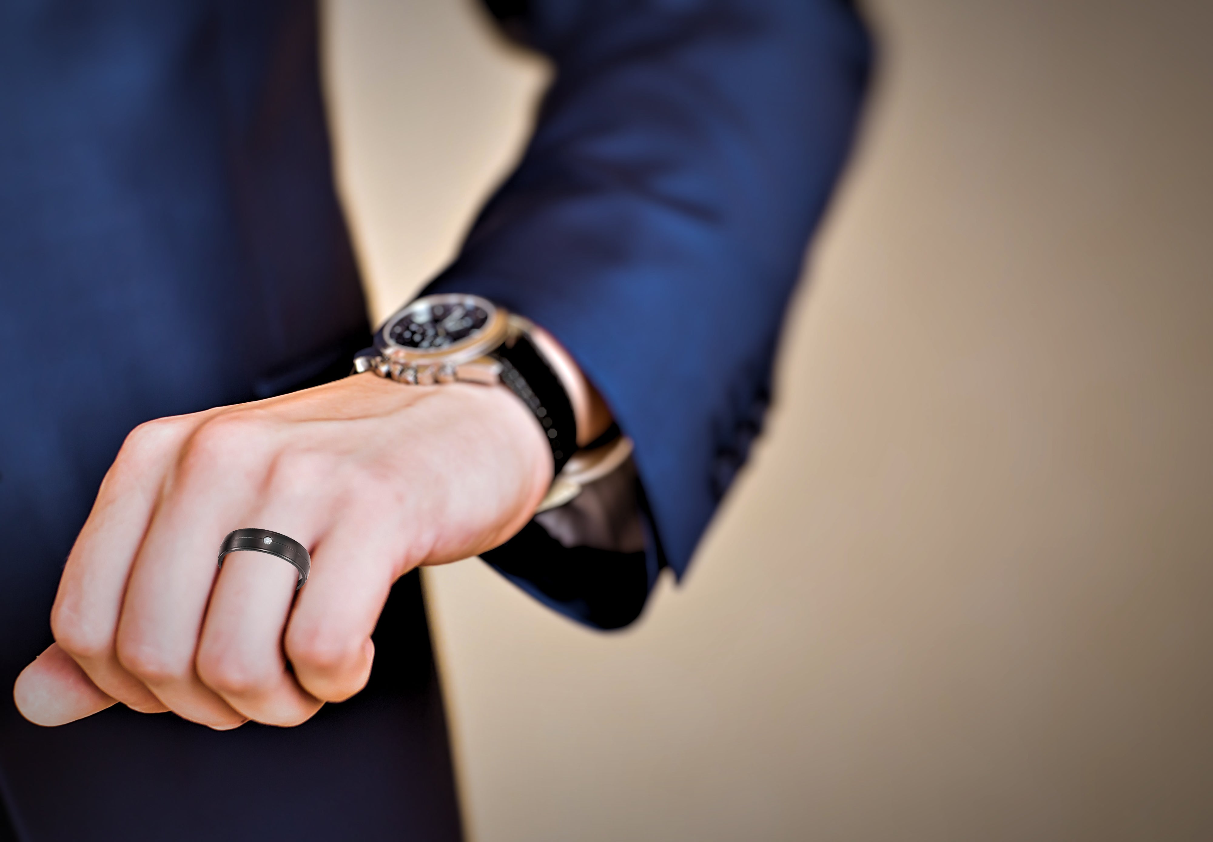 Mens 7mm Black Titanium Band Ring with CZ Stone
