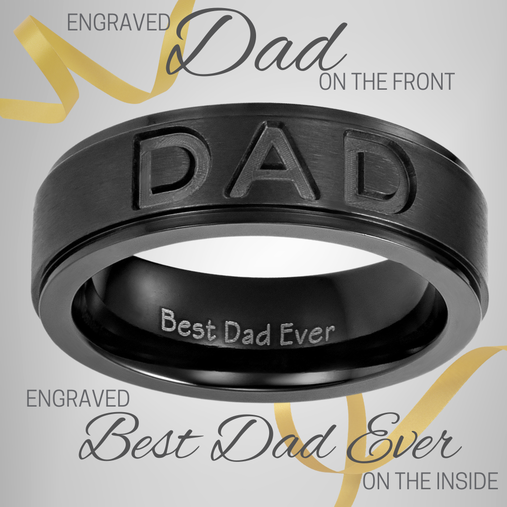 Close up view of etching of Best dad ever black titanium ring