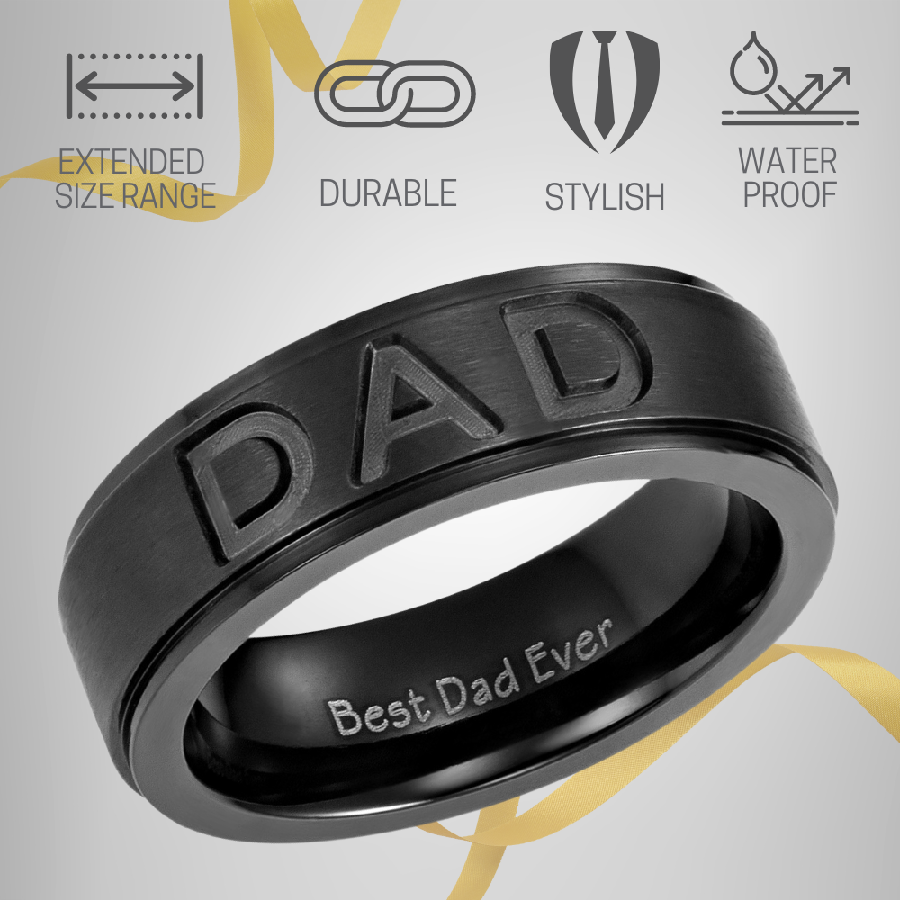 Close up view of back of Best dad ever black titanium ring