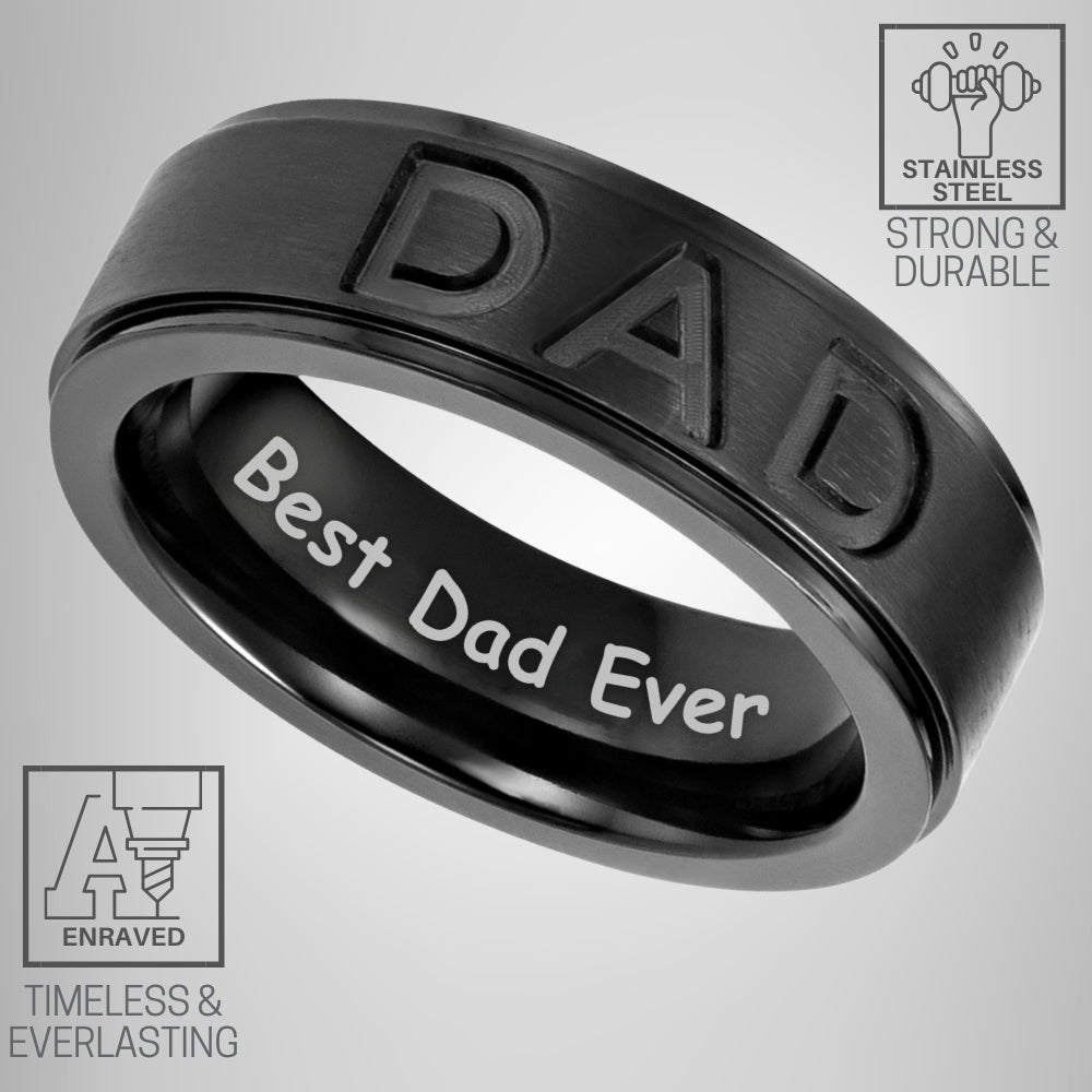 Mens Dad Ring Engraved Best Dad Ever Black