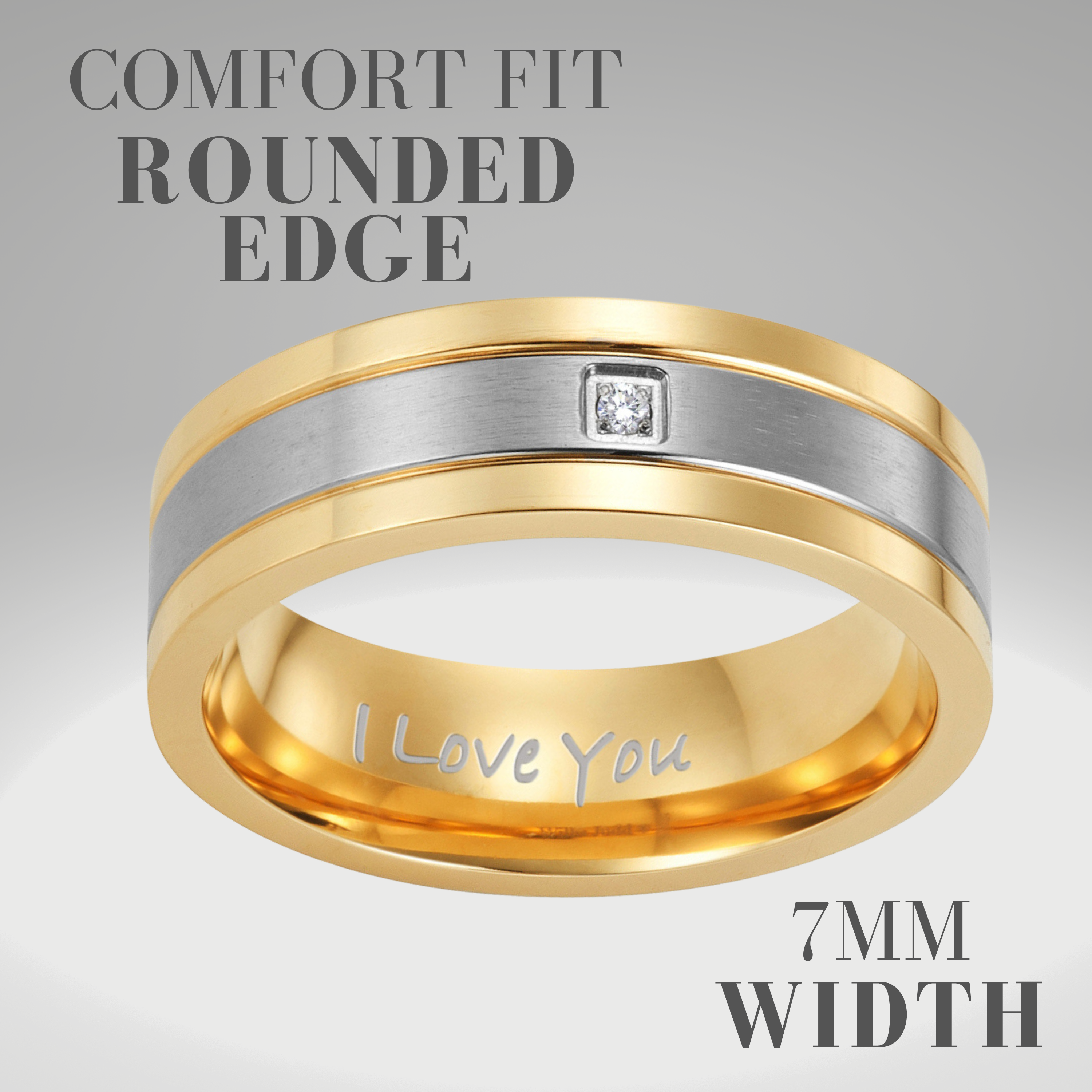 Mens CZ Stone Titanium Band Ring Etched I love You