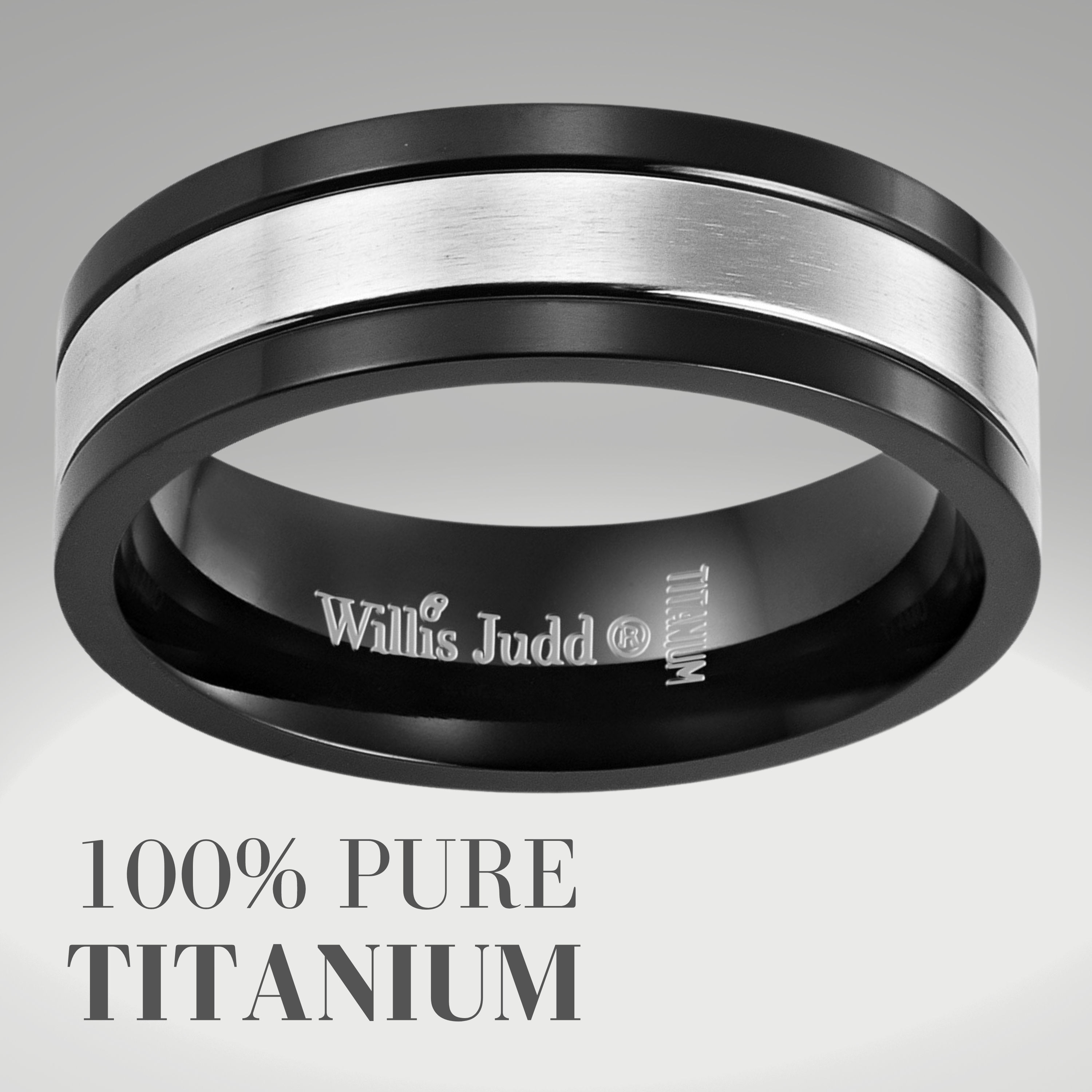 Mens Black and Silver CZ Stone Titanium Band Ring Etched I Love You