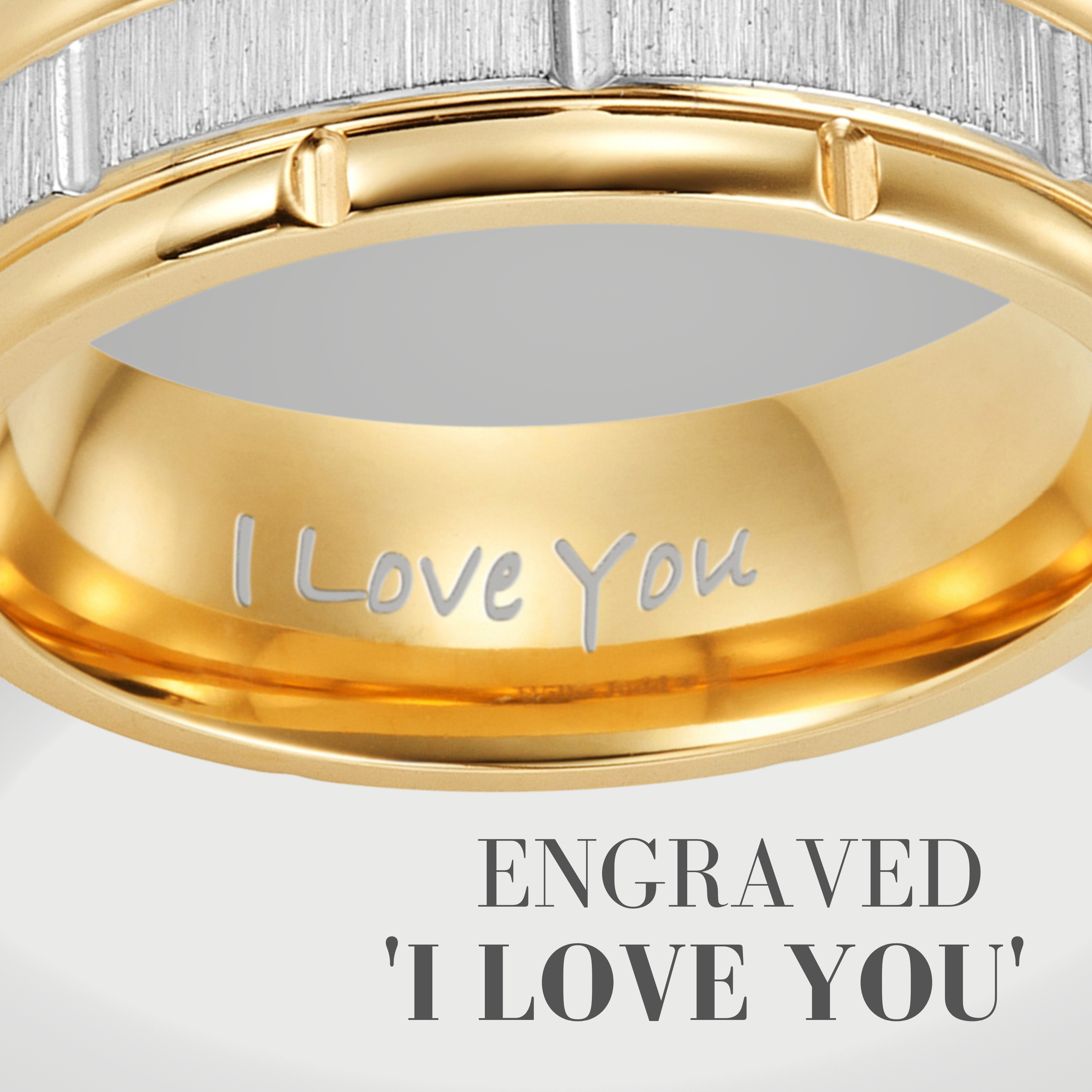 Mens Modern 7mm Two Tone Gold Titanium Ring Etched I Love You