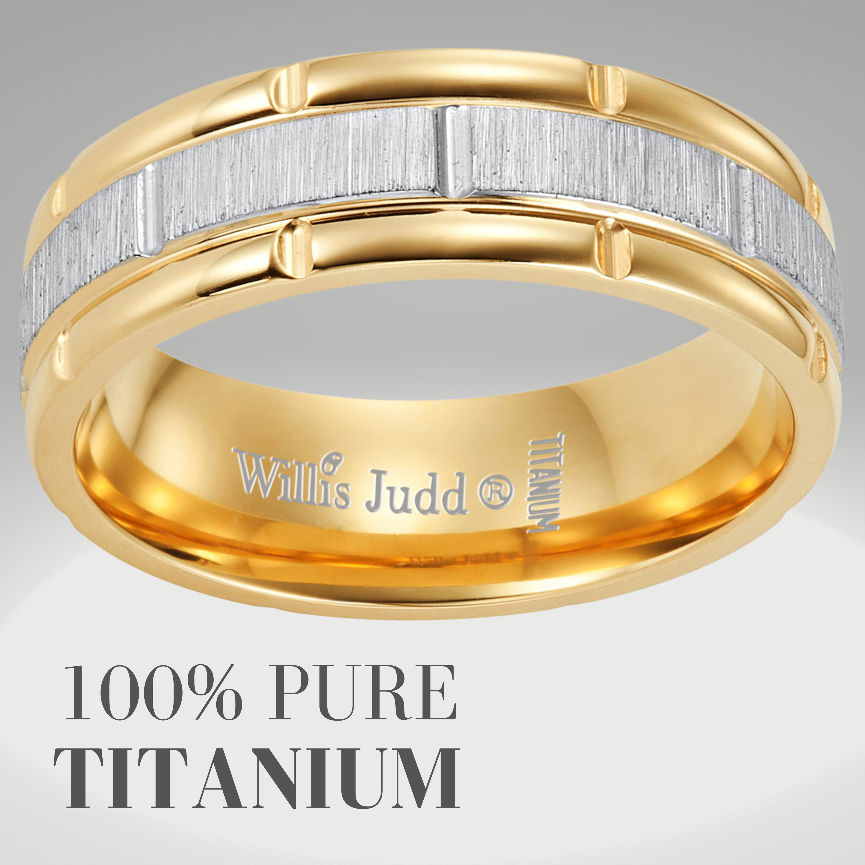 Mens Modern 7mm Two Tone Gold Titanium Ring Etched I Love You