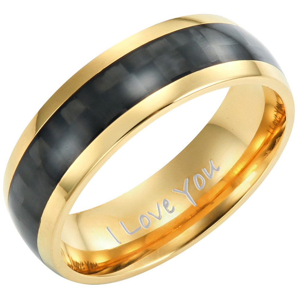 Mens Ring Engraved I Love You Gold Titanium Black Carbon Fibre