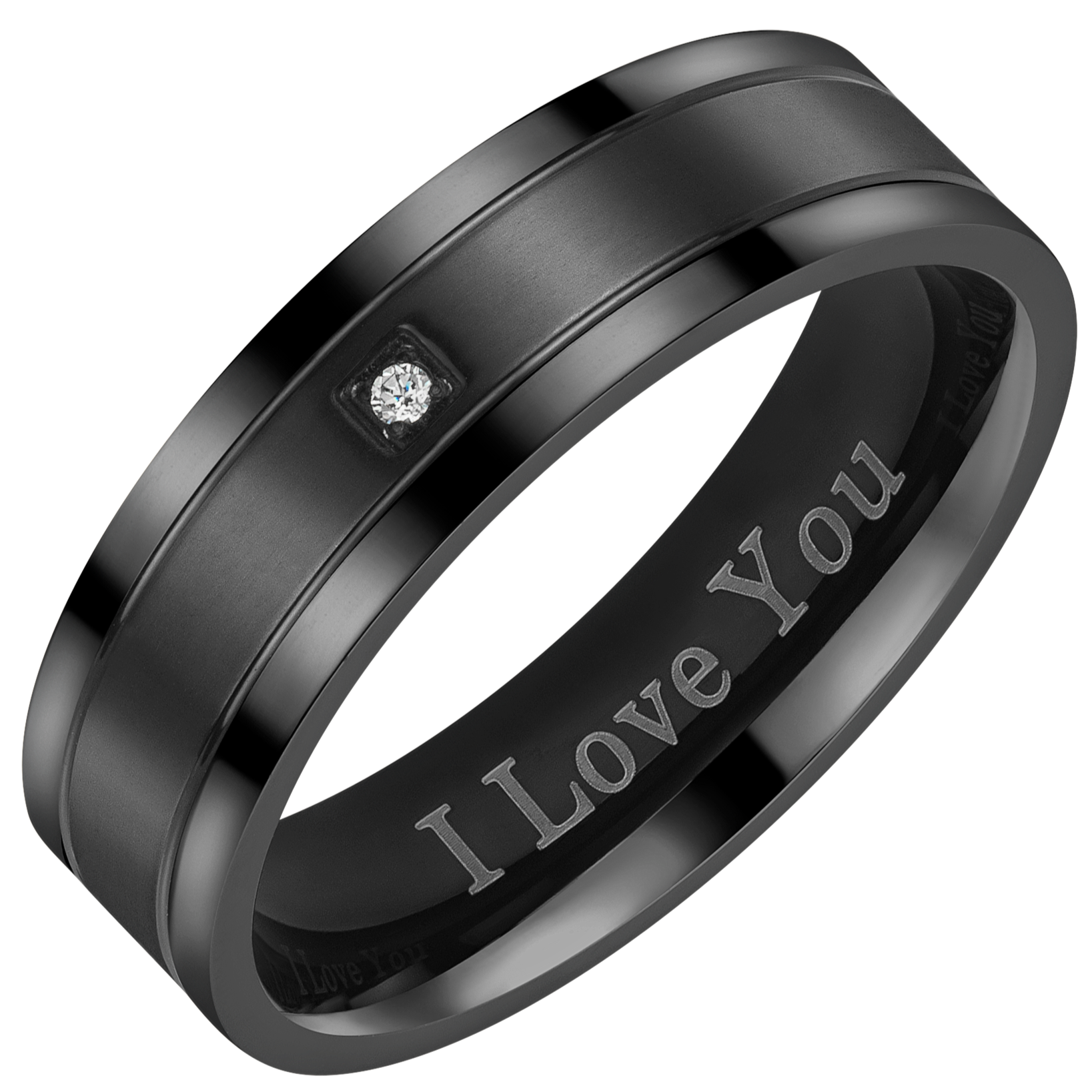 Mens Black Titanium CZ Ring I Love You 7mm