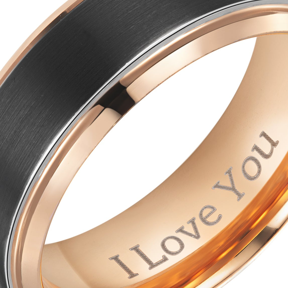 Willis Judd Mens Black Tungsten Ring Engraved I Love You in Wooden Gift Box 8mm Comfort Fit Rose Gold