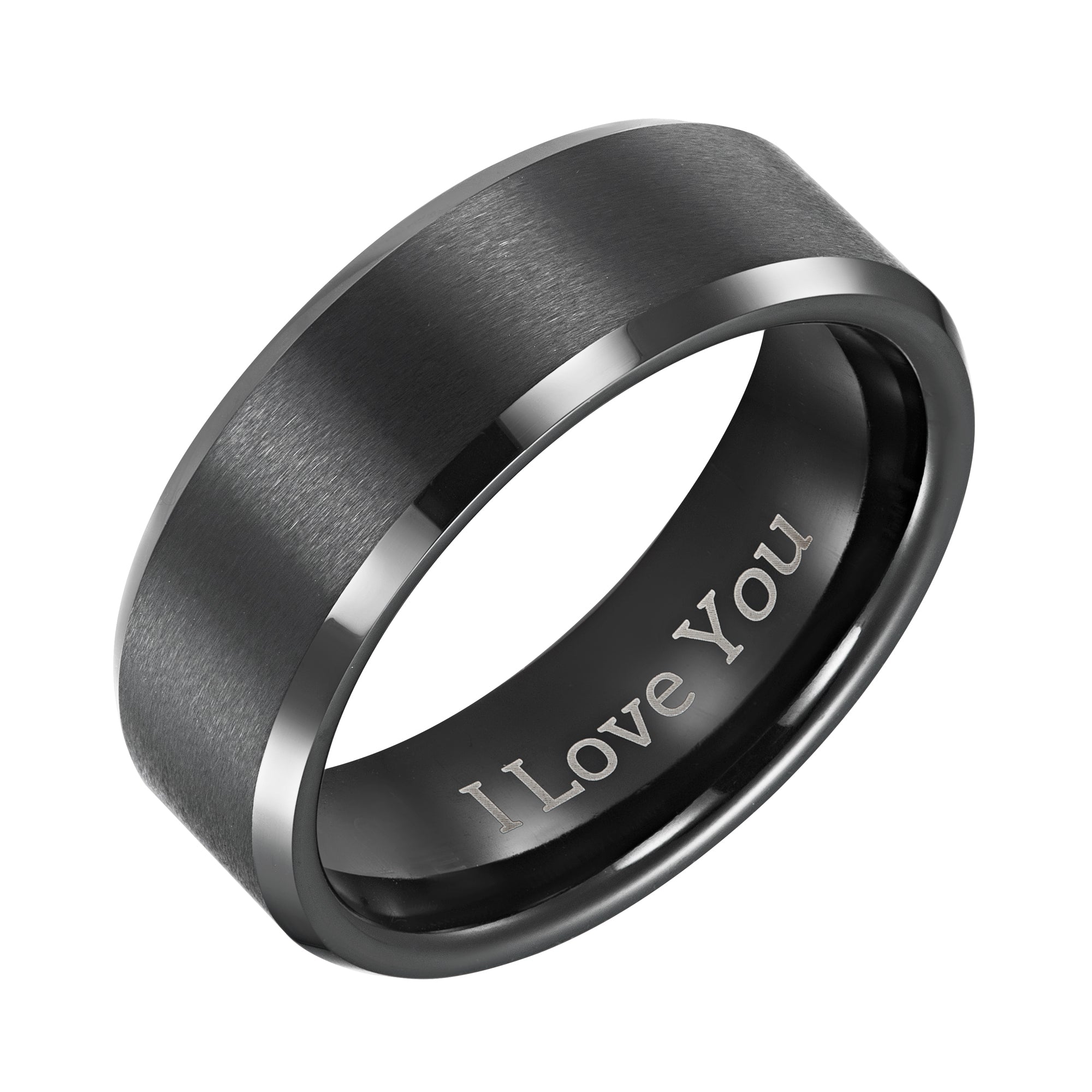 Willis Judd Mens Black Tungsten Ring Engraved I Love You in Wooden Gift Box 8mm Comfort Fit
