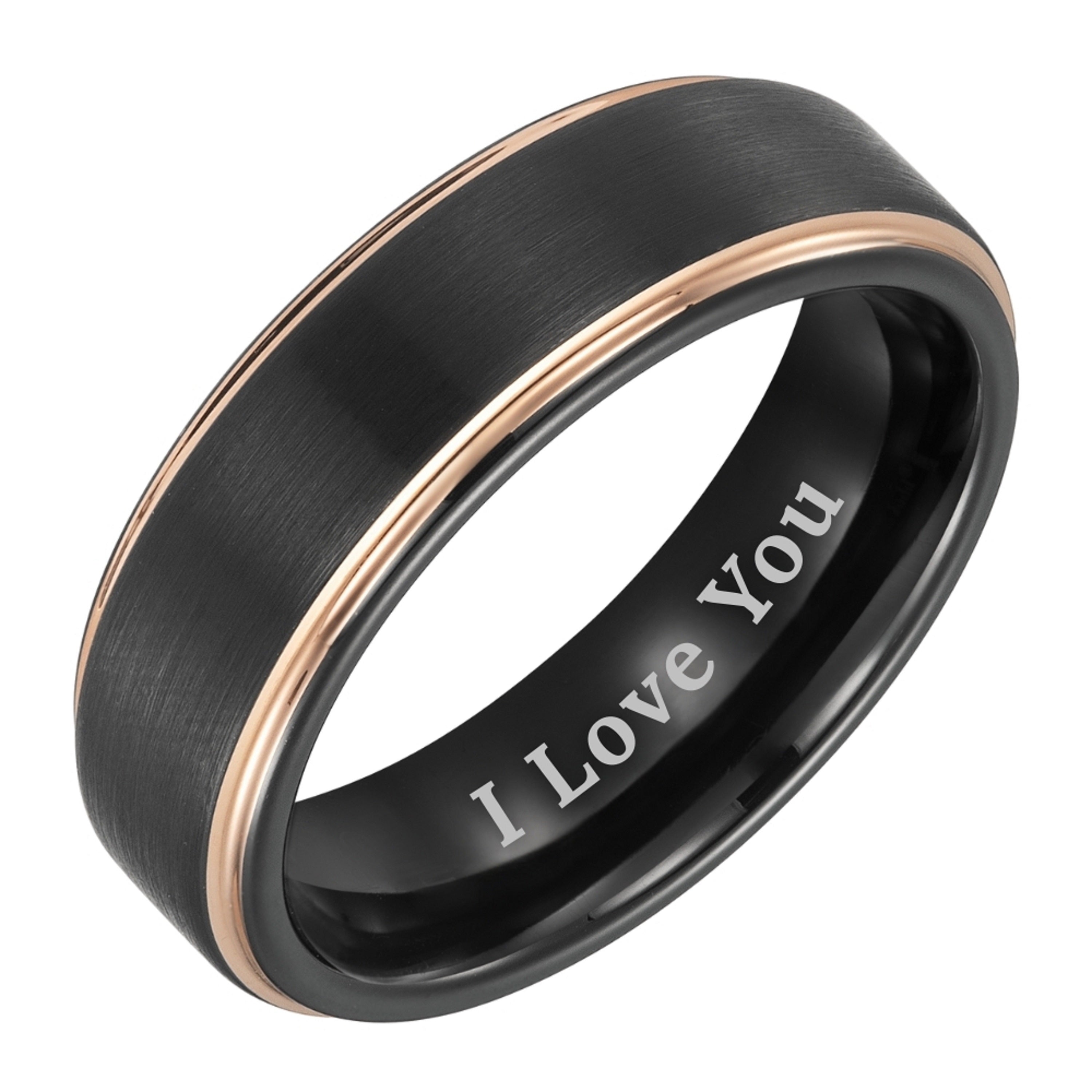 Willis Judd Mens Tungsten Ring Engraved I Love You in Wooden Gift Box 7mm Black Gold