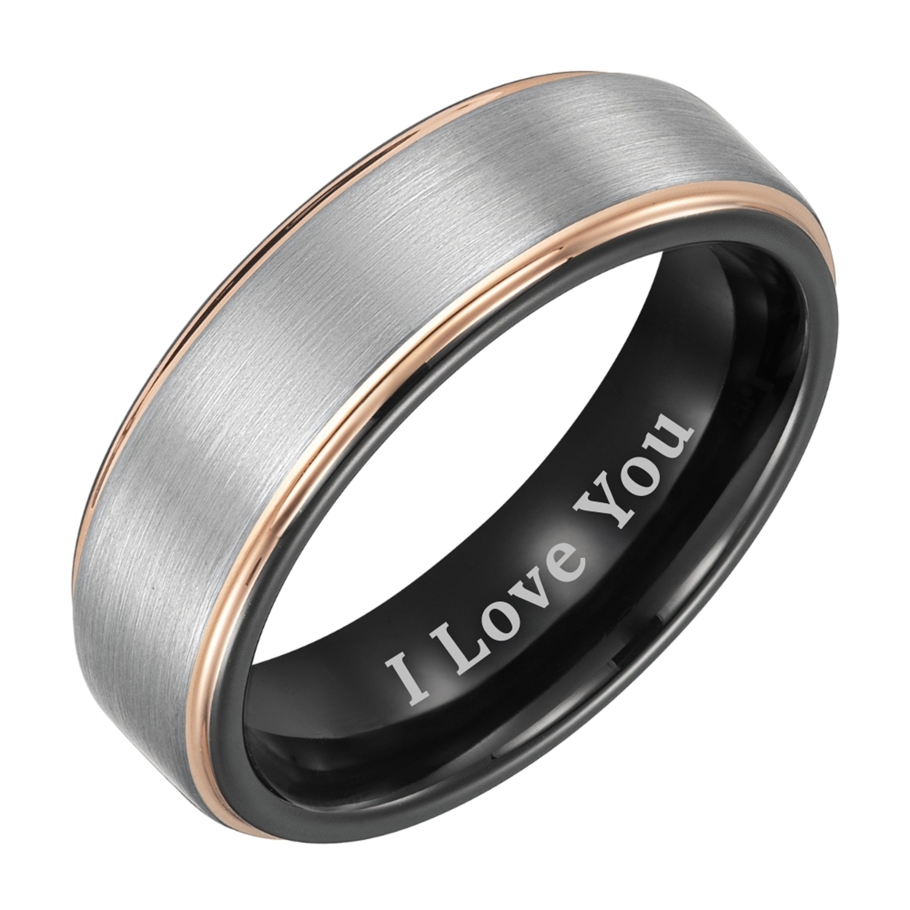 Willis Judd Mens Tungsten Ring Engraved I Love You in Wooden Gift Box 7mm Dark Silver