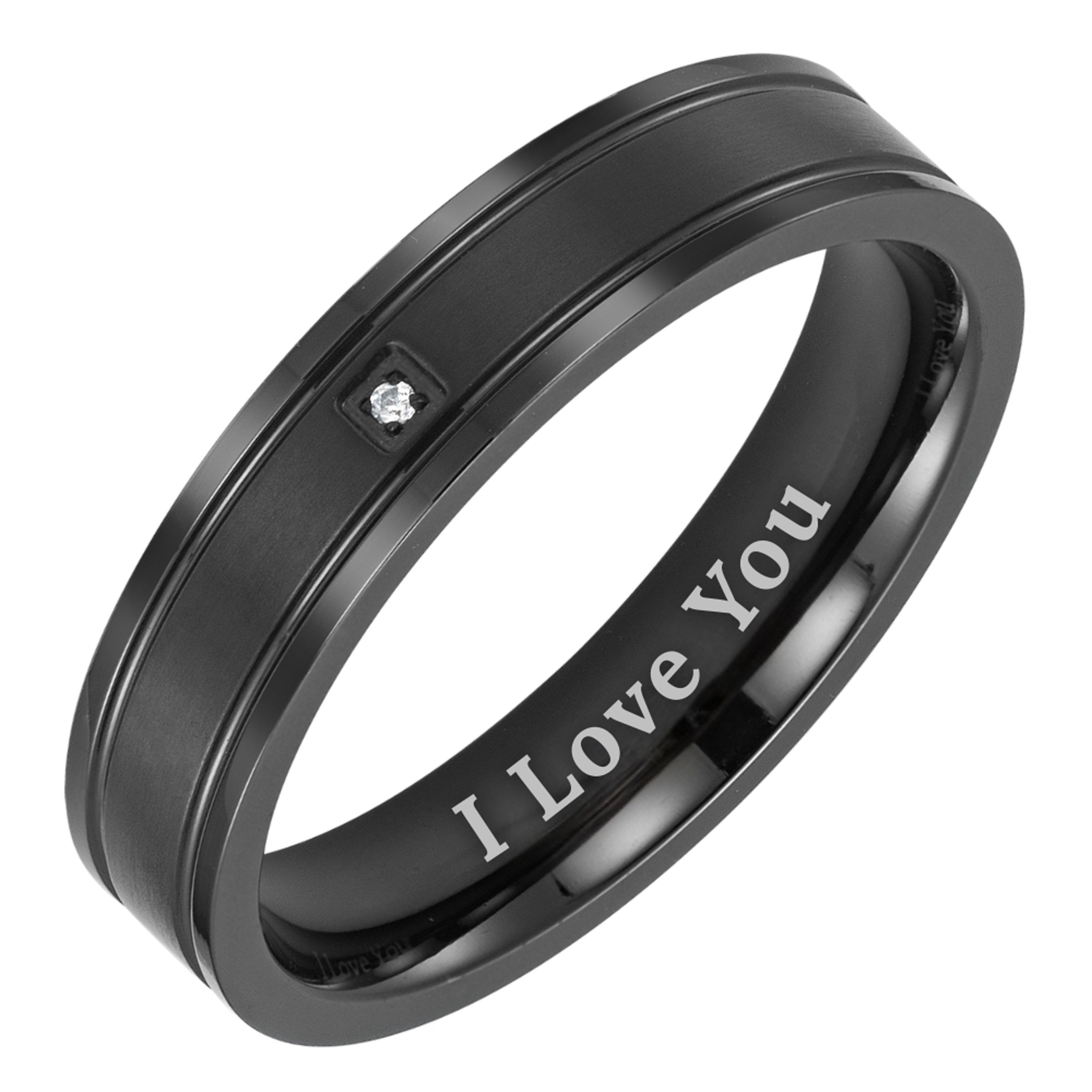 Willis Judd I Love You Mens Ring In Wooden Gift Box 5mm Black Titanium Ring for Men Wedding Band Ring Mens Engagement Ring Groove Promise Ring Comfort Fit