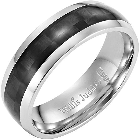 Willis Judd Mens 7mm High Polished Titanium Ring with Black Carbon Fibre Engraved I Love You Gift Boxed