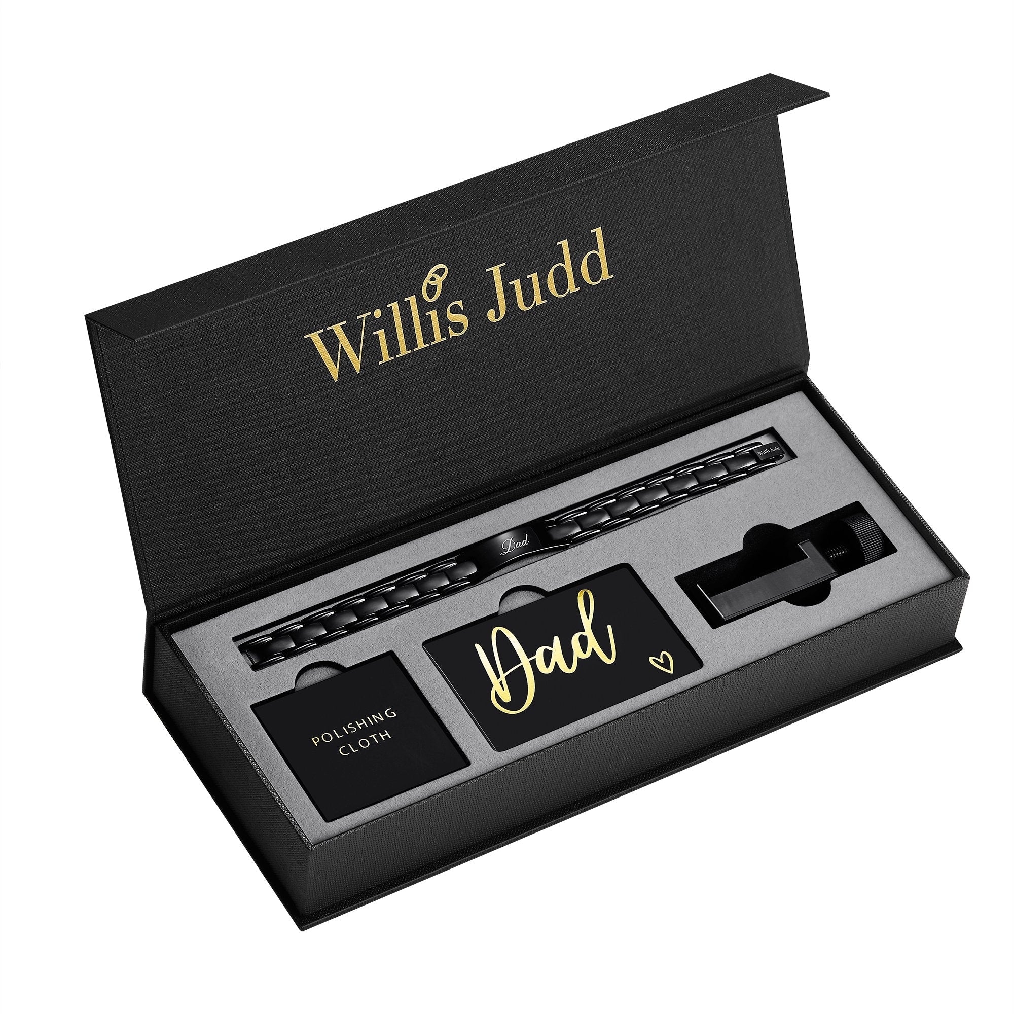close up view of black best dad ever bracelet in gift box