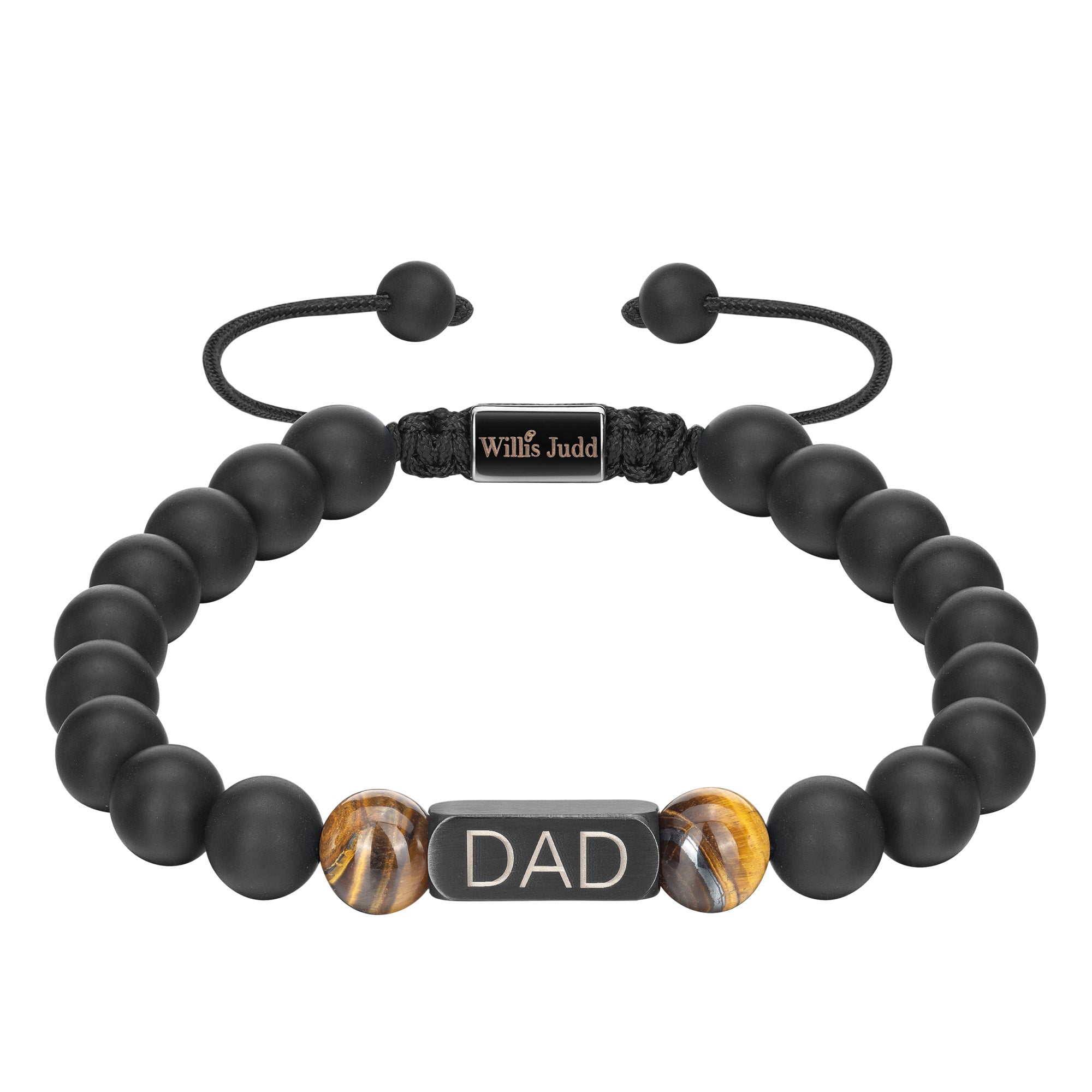 Black onyx & brown tigers eye Dad etched beaded bracelet in gift box