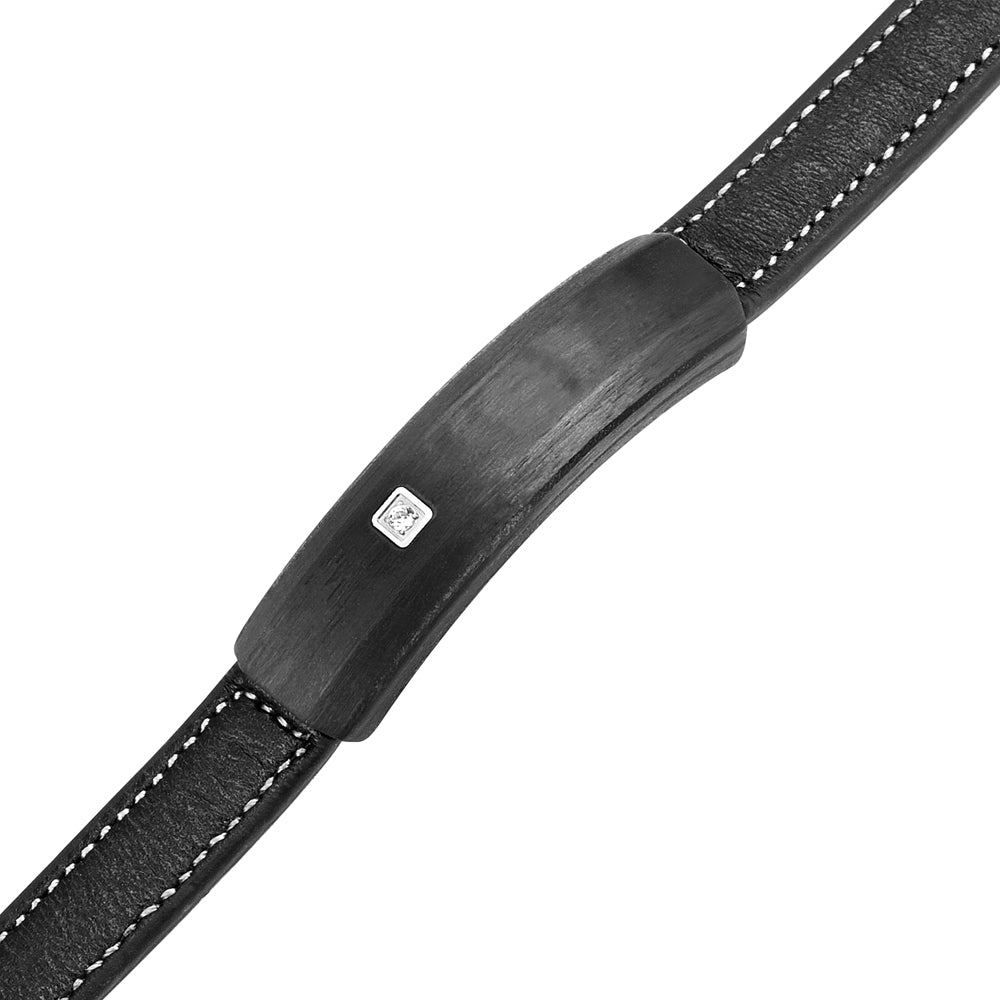 Mens Solid Carbon Fiber Leather Bracelet CZ