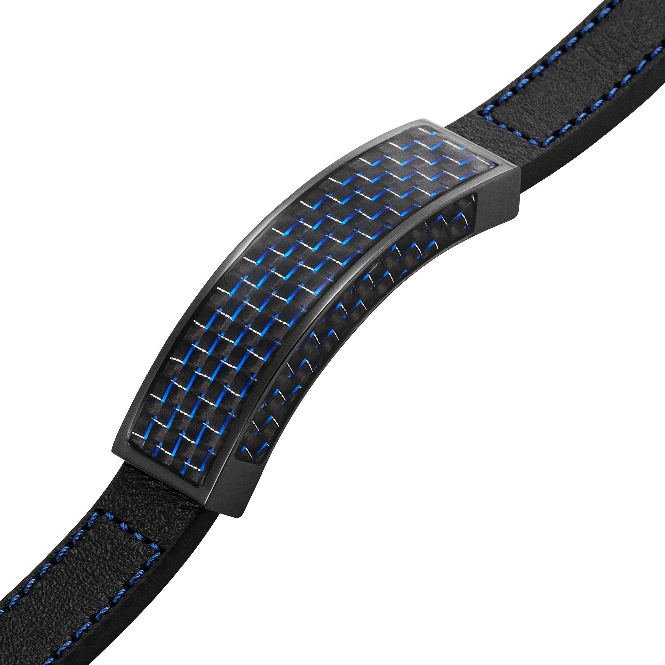 Mens Blue Carbon Fiber Leather Bracelet Etched I Love You