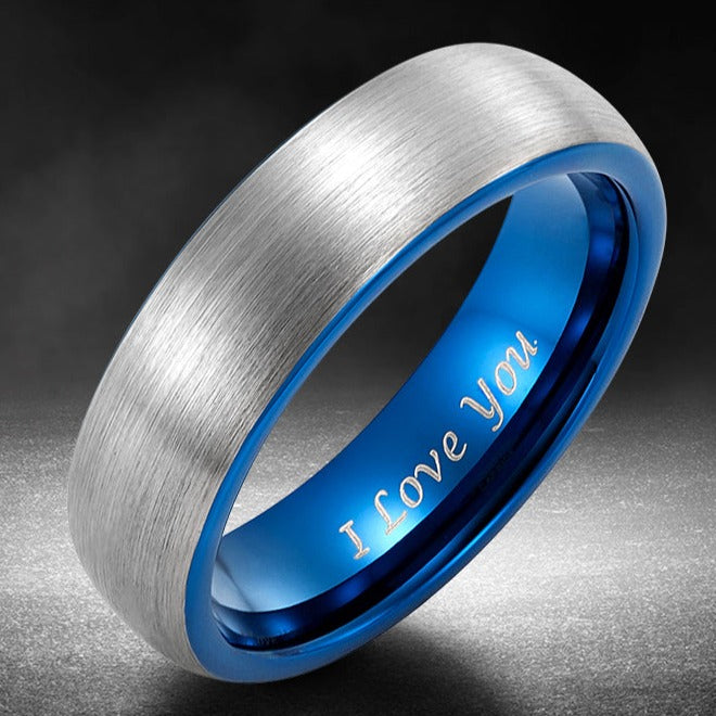 Mens Blue Tungsten Ring Engraved I Love You 6mm