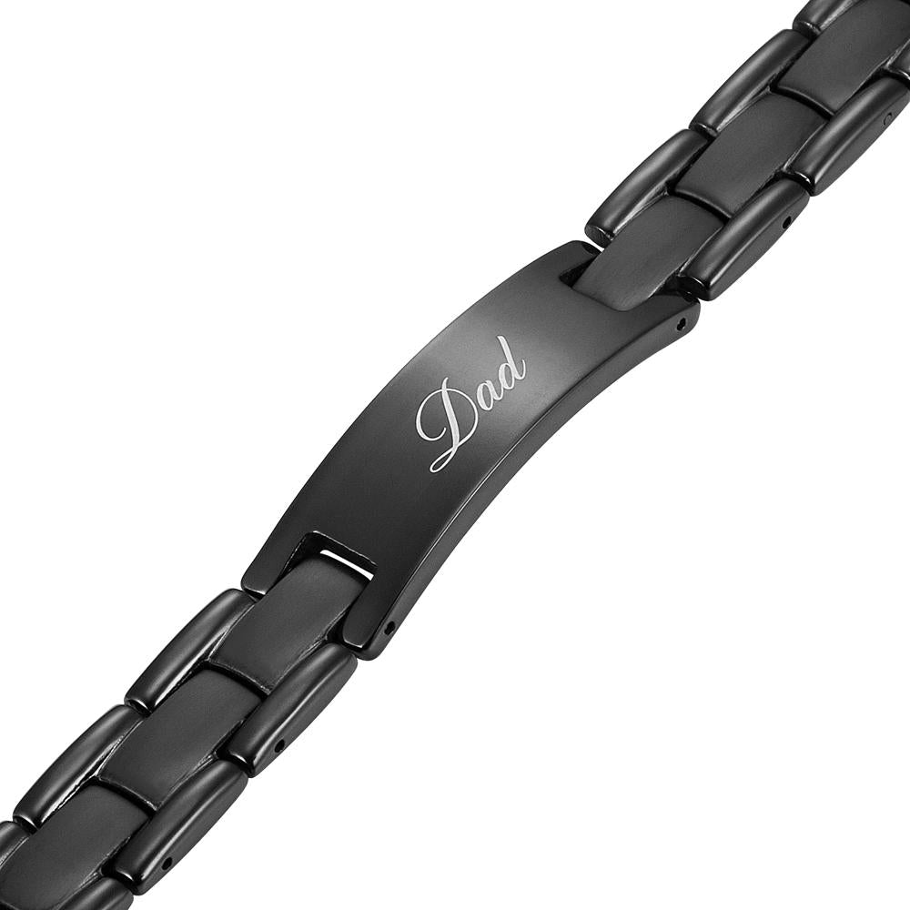 Close up view of front of Best dad ever etched bracelet