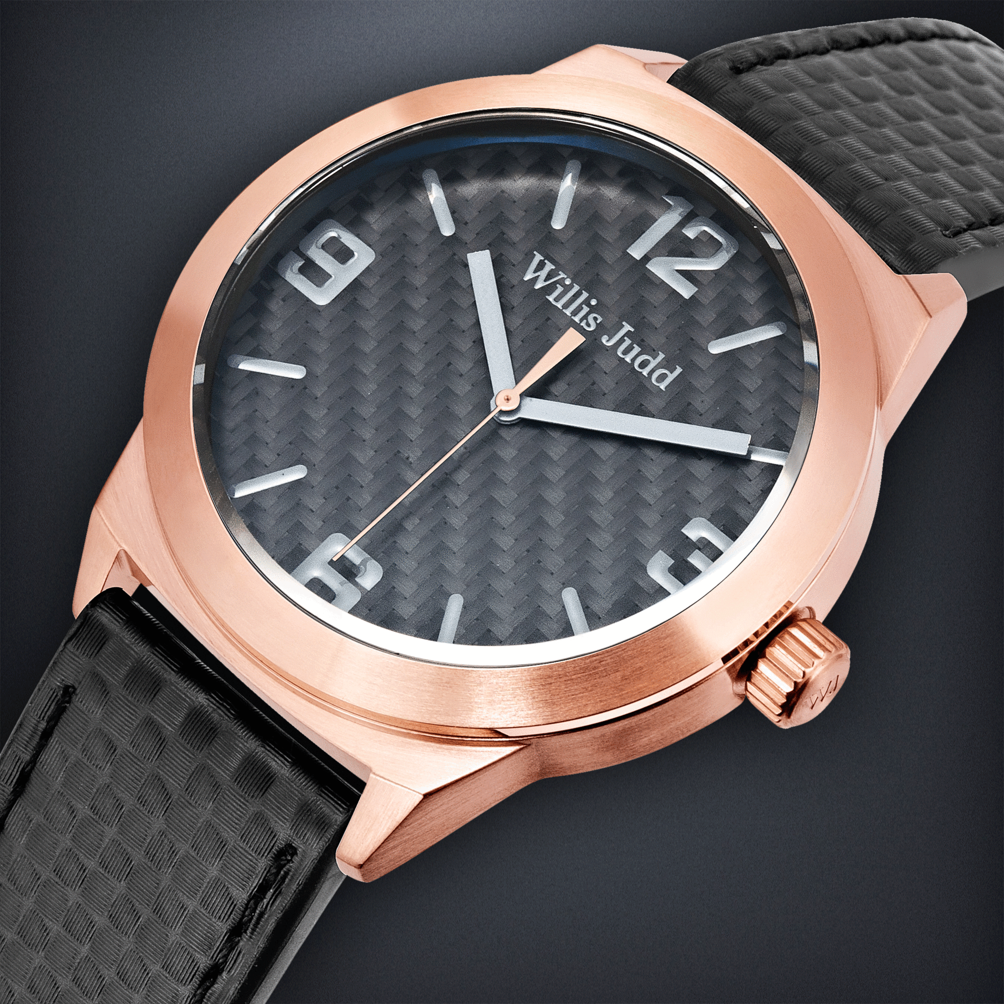 Rose Gold PVD with Black Carbon Fiber