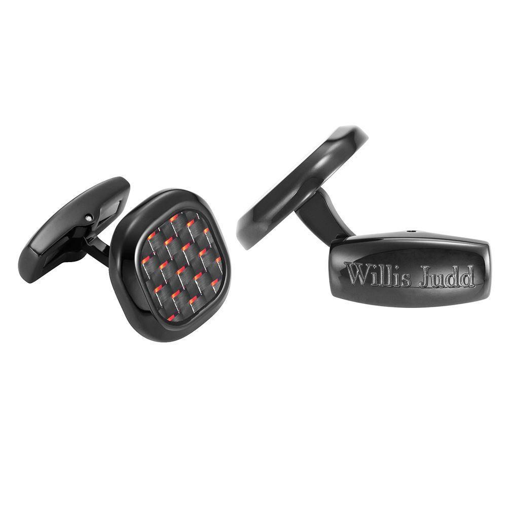 Willis Judd Men’s Black Stainless Steel with Red Carbon FIber Cufflinks with Pouch