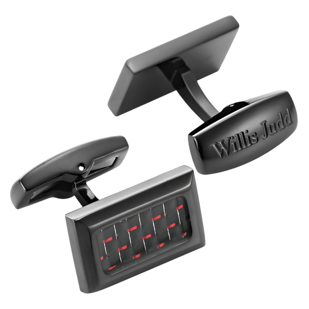 Willis Judd Men's Black Stainless Steel with Red Carbon fibre Cufflinks with Gift Pouch