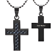 Mens Cross Blue Carbon Fibre Pendant Etched 'Soul Mates'