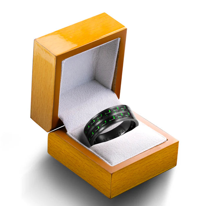 Men's Black Ceramic Ring with Green Carbon Fiber, Engraved I Love You