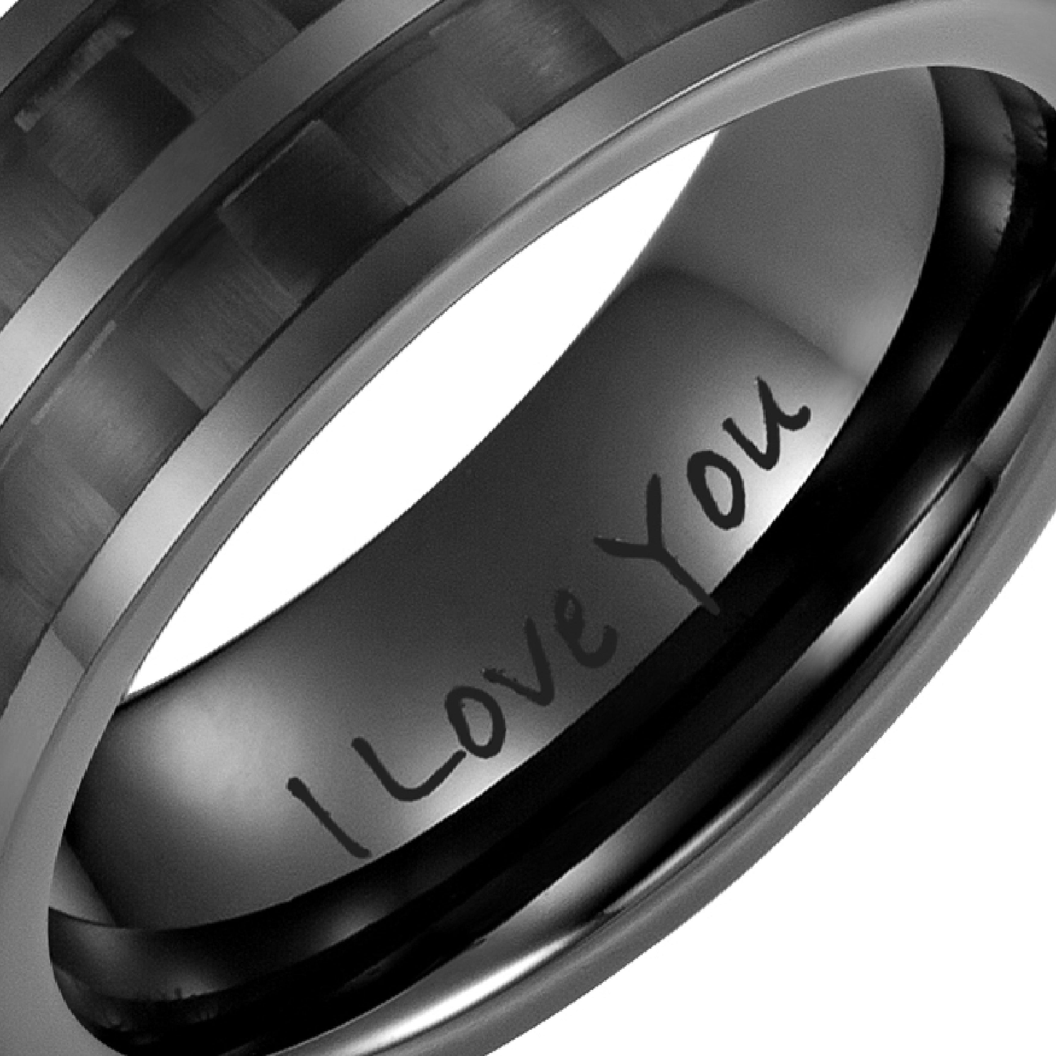 Men's Black Ceramic Ring with Black Carbon Fiber, Engraved I Love You