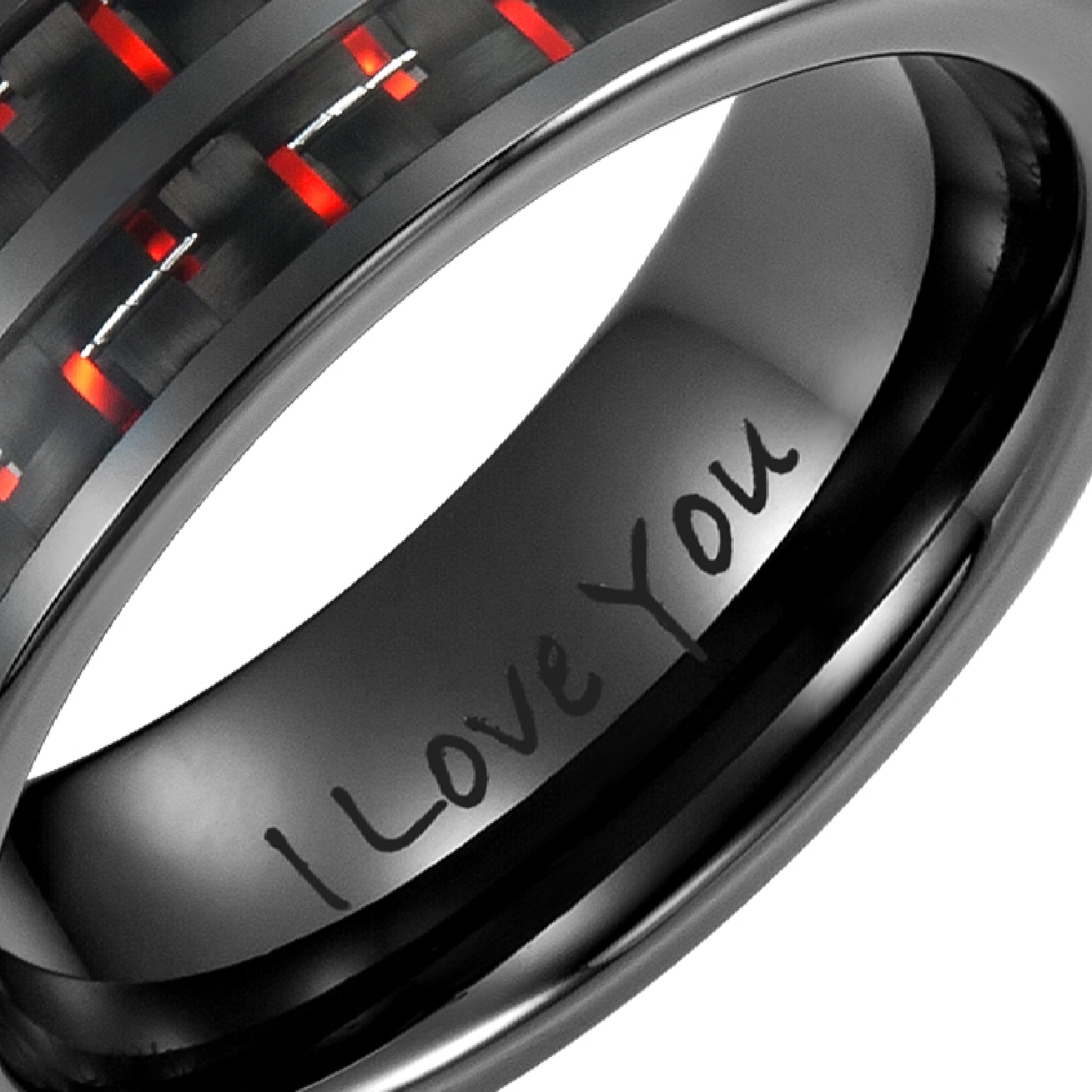 Men's Black Ceramic Ring with Red Carbon Fiber, Engraved I Love You