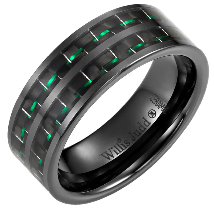 Men's Black Ceramic Ring with Green Carbon Fiber, Engraved I Love You