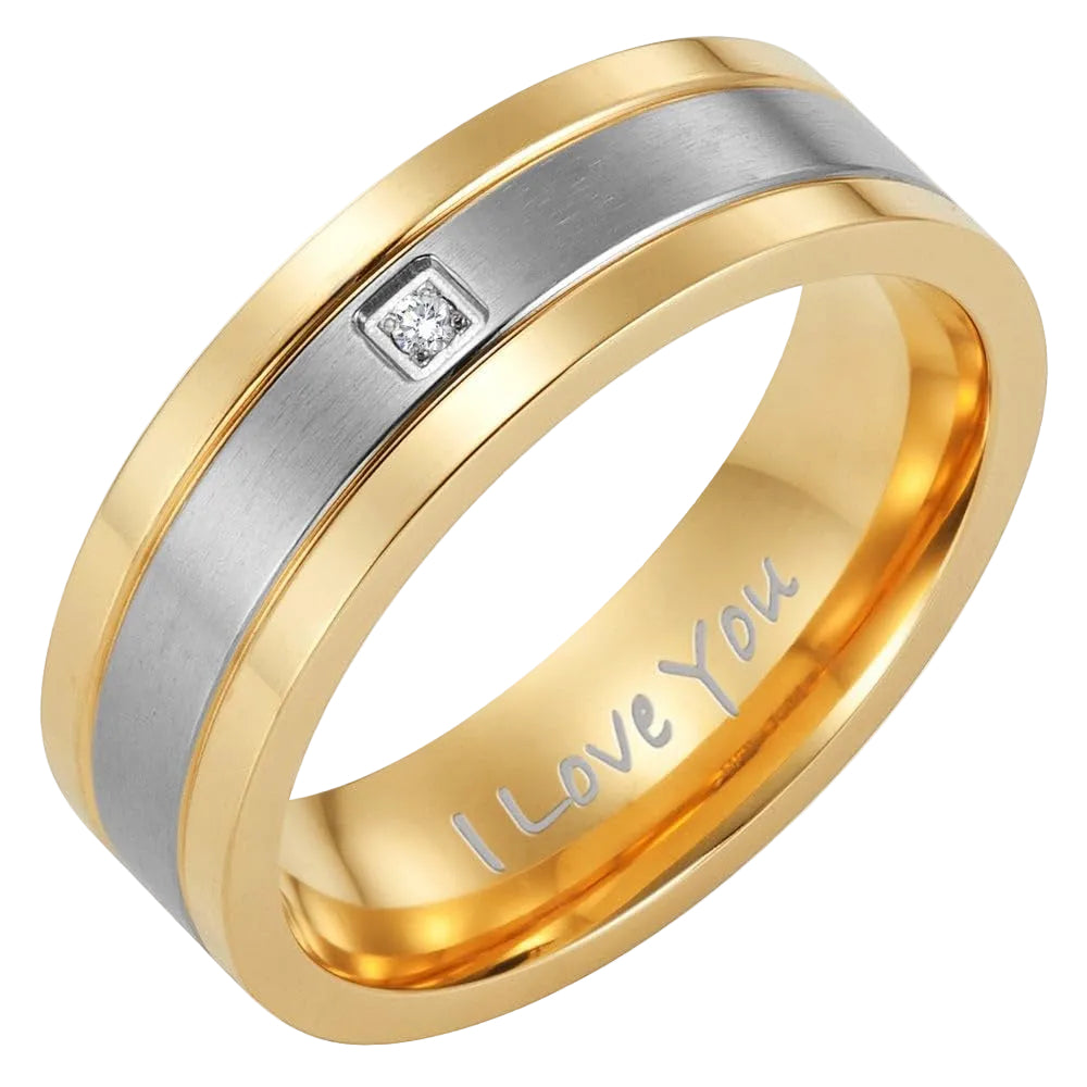 Mens CZ Stone Titanium Band Ring Etched I love You