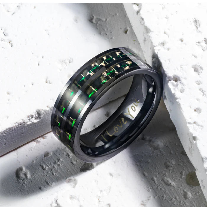 Men's Black Ceramic Ring with Green Carbon Fiber, Engraved I Love You