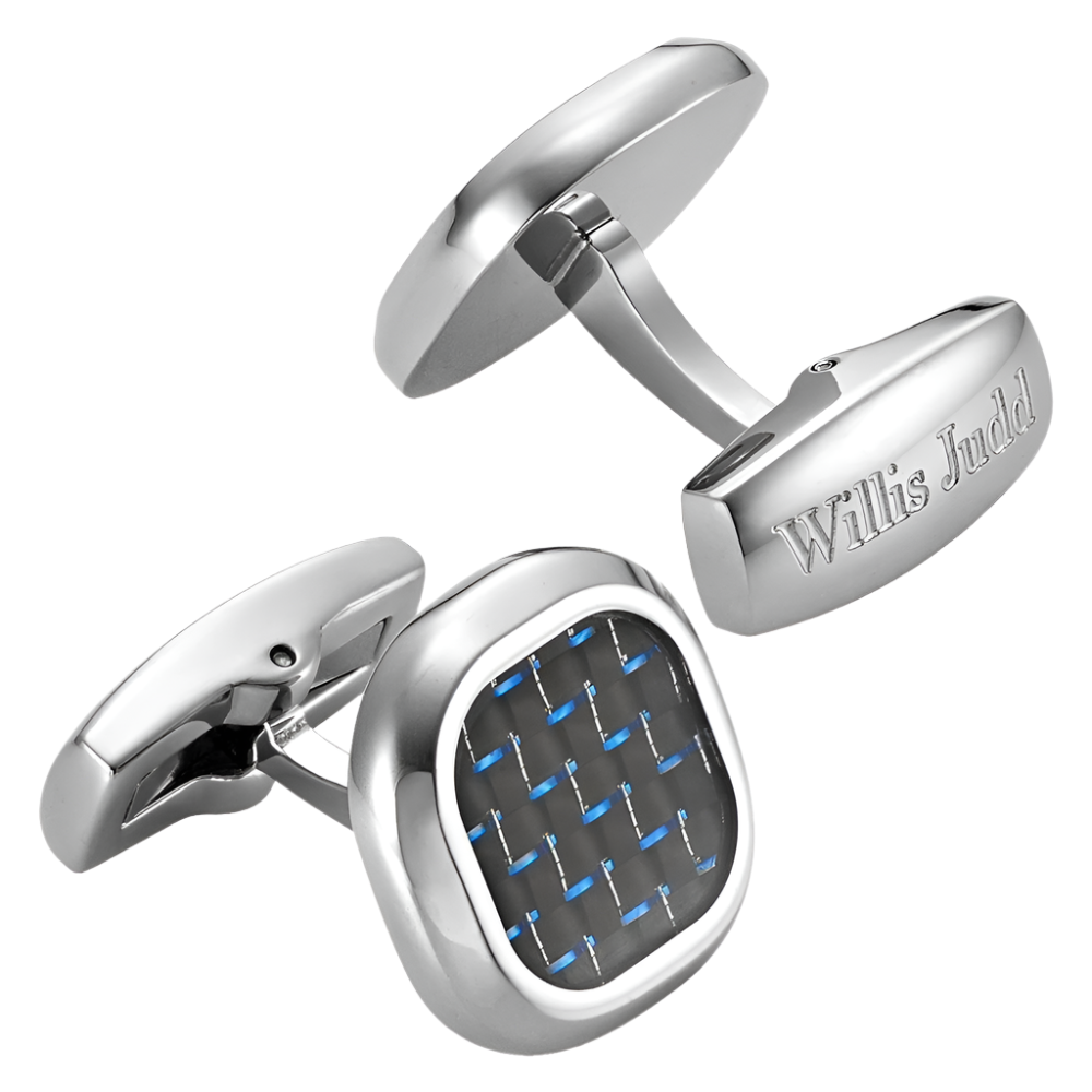 Willis Judd Men’s Stainless Steel with Blue Carbon FIber Cufflinks with Pouch