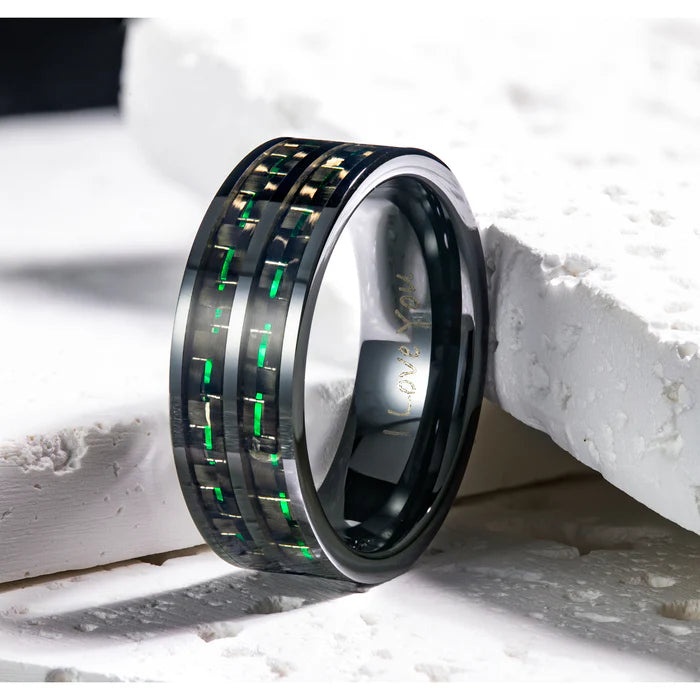 Men's Black Ceramic Ring with Green Carbon Fiber, Engraved I Love You