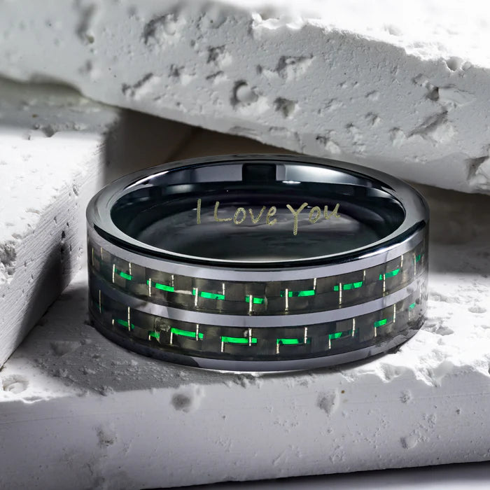Men's Black Ceramic Ring with Green Carbon Fiber, Engraved I Love You