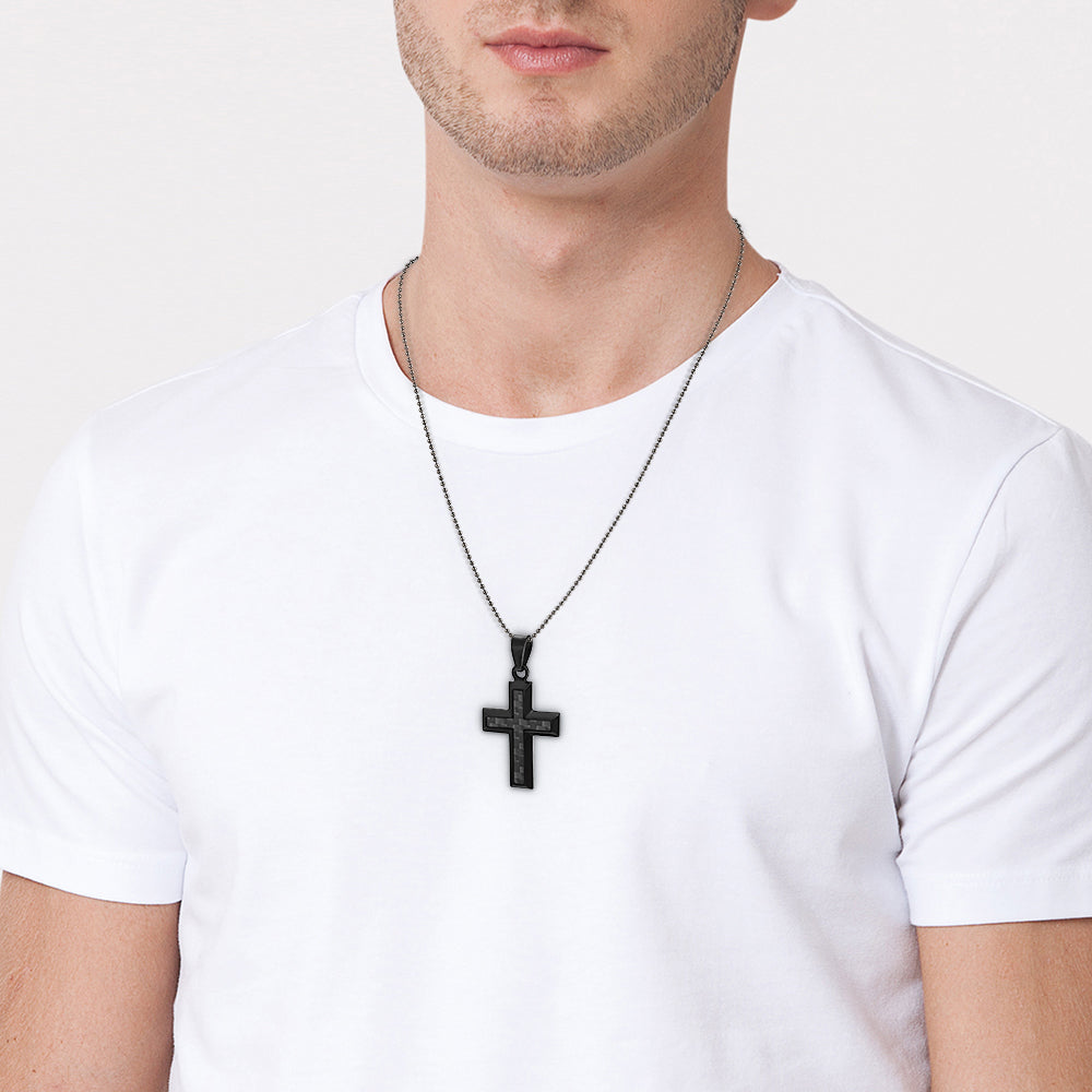 Mens Cross Black Carbon Fiber Pendant Etched 'Together Forever'