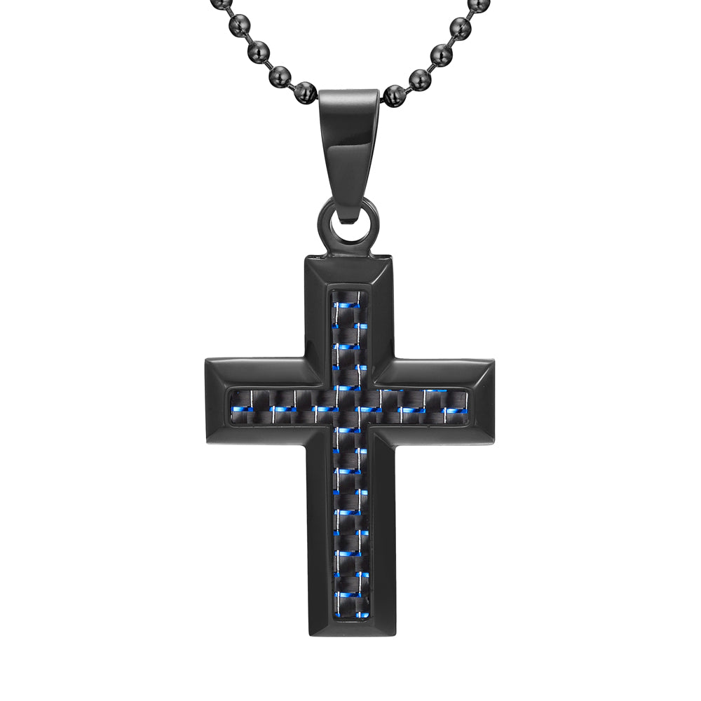 Mens Cross Blue Carbon Fibre Pendant Etched 'Soul Mates'