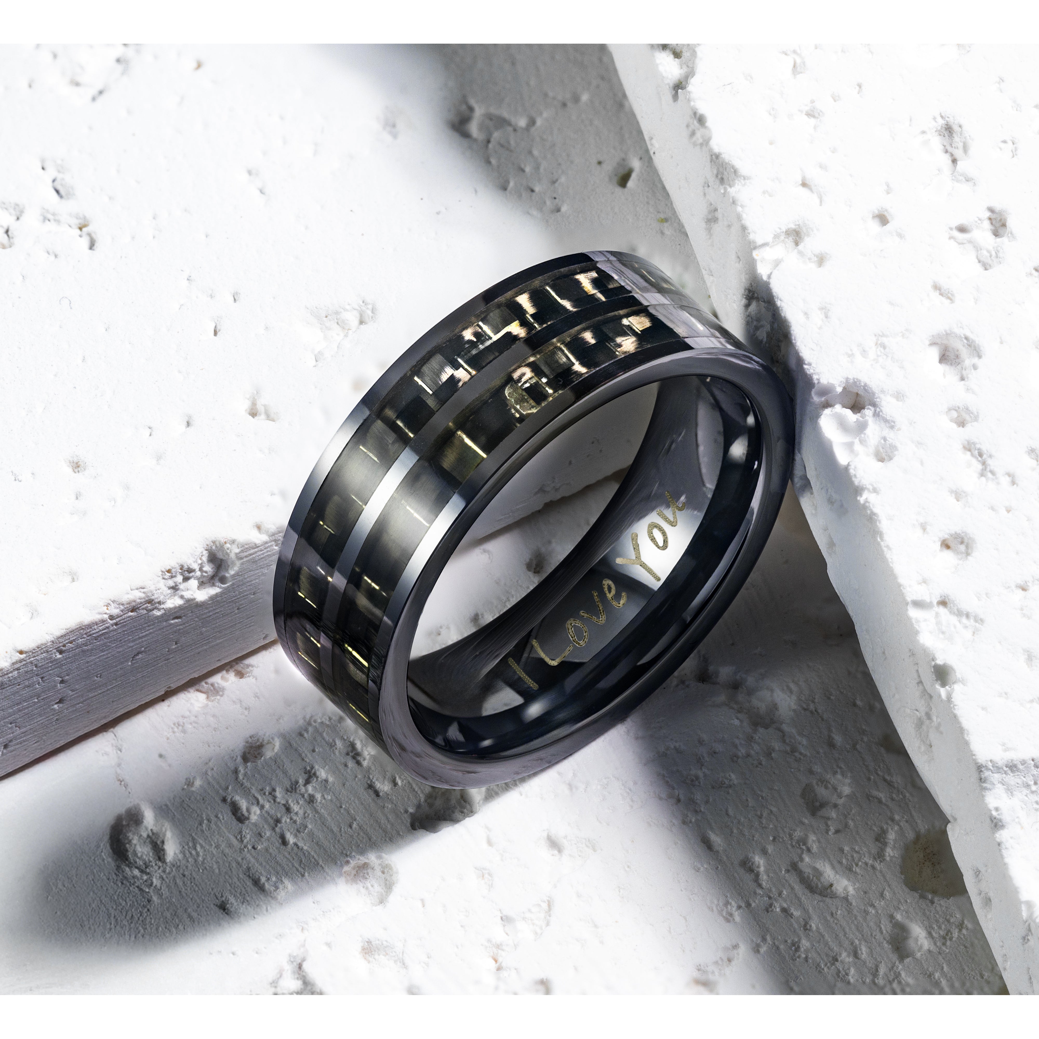 Men's Black Ceramic Ring with Black Carbon Fiber, Engraved I Love You